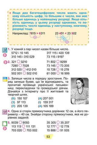 53
 Якщо два багатоцифрових числа мають одна-
кову кількість цифр, то більшим є число, яке має
більше одиниць у найвищому розряді. Якщо кіль-
кість одиниць у цьому розряді однакова, то по-
рівнюють число одиниць у наступному, нижчому,
розряді тощо.
Наприклад: 7815 > 6311 23 451 < 23 502
> =
=
<
1.
5712 і 10 145 317 115 і 420 139
310 145 і 310 029 73 115 і 9197
2. 321 3210 71 802 9299
7280 7028 73 145 73 205
312 020 412 010 15 728 15 278
502 001 502 010 61 000 16 999
3. Запиши числа в порядку зростання. По-
ряд запиши букви, що їм відповідають, та
прочитай прізвище української письмен-
ниці, перекладачки та громадської діячки.
Дізнайся з інтернету про її життєвий та
творчий шлях.
(Б) 150 107 (А) 207 001
(З) 97 113 (І) 159 317
(Л) 205 139 (А) 105 189
4. Одна зі сторін прямокутника дорівнює 12 см, а його пе-
риметр – 40 см. Знайди сторону прямокутника, яка не до-
рівнює заданій.
5. 9039 9093 35 305 35 207
113 113 111 131 12 777 12 778
703 020 703 002 15 888 51 005
 