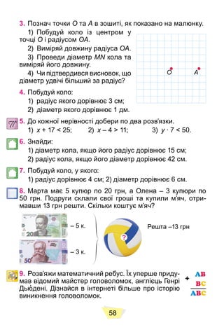 58
3. Познач точки O та A в зошиті, як показано на малюнку.
1) Побудуй коло із центром у
точці O і радіусом OA.
2) Виміряй довжину радіуса OA.
3) Проведи діаметр MN кола та
виміряй його довжину.
4) Чи підтвердився висновок, що
діаметр удвічі більший за радіус?
4. Побудуй коло:
1) радіус якого дорівнює 3 см;
2) діаметр якого дорівнює 1 дм.
5. До кожної нерівності добери по два розв’язки.
1) x + 17 < 25; 2)
x x – 4 > 11; 3)
x y ∙ 7 < 50.
y
6. Знайди:
1) діаметр кола, якщо його радіус дорівнює 15 см;
2) радіус кола, якщо його діаметр дорівнює 42 см.
7. Побудуй коло, у якого:
1) радіус дорівнює 4 см; 2) діаметр дорівнює 6 см.
8. Марта має 5 купюр по 20 грн, а Олена – 3 купюри по
50 грн. Подруги склали свої гроші та купили м’яч, отри-
мавши 13 грн решти. Скільки коштує м’яч?
– 5 к. Решта –13 грн
– 3 к.
?
9. Розв’яжи математичний ребус. Їх уперше приду-
мав відомий майстер головоломок, англієць Генрі
Дьюдені. Дізнайся в інтернеті більше про історію
виникнення головоломок.
A
О
 