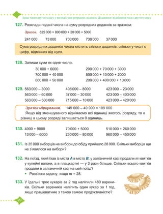 20
Запис чисел другого класу у вигляді суми розрядних доданків. Додавання і віднімання чисел другого класу
127.	Розклади подані числа на суму розрядних доданків за зразком:
	 Зразок. 825 000 = 800 000 + 20 000 + 5000
241 000	 73 000	 703 000	 730 000	 37 000
128.	Запиши суми як одне число.
		 30 000 + 6000			 200 000 + 70 000 + 3000
		 700 000 + 40 000			 500 000 + 10 000 + 2000
		 800 000 + 50 000			 200 000 + 400 000 + 10 000
129.	563 000 – 3000		 408 000 – 8000		 423 000 – 23 000
563 000 – 60 000 		 37 000 – 30 000		 423 000 – 403 000
563 000 – 500 000 		 715 000 – 10 000		 423 000 – 420 000
130.	4000 + 9000			 70 000 + 5000		 510 000 + 260 000
13 000 – 6000		 230 000 – 80 000		 960 000 – 450 000
131.	Із 35 000 виборців на вибори до обіду прийшло 28 000. Скільки виборців ще
не з’явилося на вибори?
132.	На поїзд, який їхав із міста А в місто B, у залізничній касі продали m квитків
у купейні вагони, а в плацкартні — у 3 рази більше. Скільки всього квитків
продали в залізничній касі на цей поїзд?
•	 Розв’яжи задачу, якщо m = 28.
133.	У їдальні троє кухарів за 2 год наліпили 480 варени-
ків. Скільки вареників наліпить один кухар за 1 год,
якщо працюватиме з такою самою продуктивністю?
Сума розрядних доданків числа містить стільки доданків, скільки у числі є
цифр, відмінних від нуля.
	 Зразок міркування. 149 000 – 40 000 = 109 000
	 Якщо від зменшуваного віднімаємо всі одиниці якогось розряду, то в
різниці в цьому розряді залишається 0 одиниць.
 