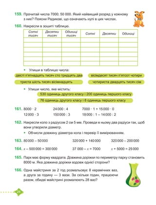 24
159.	Прочитай числа 7000; 50 000. Який найвищий розряд у кожному
з них? Поясни Радикові, що означають нулі в цих числах.
160.	Накресли в зошиті таблицю.
•	 Упиши в таблицю числа:
•	 	
Упиши число, яке містить:
	
	
161.	8000 · 2		 24 000 : 4		 7000 · 1 + 15 000 · 0
12 000 · 3		 150 000 : 3		 18 000 : 1 – 14 000 : 2
162.	Накресли коло з радіусом 2 см 5 мм. Проведи в ньому два радіуси так, щоб
вони утворили діаметр.
•	 Обчисли довжину діаметра кола і перевір її вимірюванням.
163.	80 000 – 50 000 			 320 000 + 140 000		 320 000 – 200 000
164.	x – 500 000 = 300 000		 37 000 – x = 7000		 x + 5000 = 25 000
165.	Парк має форму квадрата. Довжина доріжки по периметру парку становить
8000 м. Яка довжина доріжки вздовж однієї сторони?
166.	Одна майстриня за 2 год розмальовує 8 керамічних ваз,
а друга за годину — 3 вази. За скільки годин, працюючи
разом, обидві майстрині розмалюють 28 ваз?
Сотні
тисяч
Десятки
тисяч
Одиниці
тисяч
Сотні Десятки Одиниці
двісті п’ятнадцять тисяч сто тридцять два	 вісімдесят тисяч п’ятсот чотири
триста шість тисяч вісімнадцять		 чотириста двадцять тисяч сім
530 одиниць другого класу і 200 одиниць першого класу
76 одиниць другого класу і 8 одиниць першого класу
 
