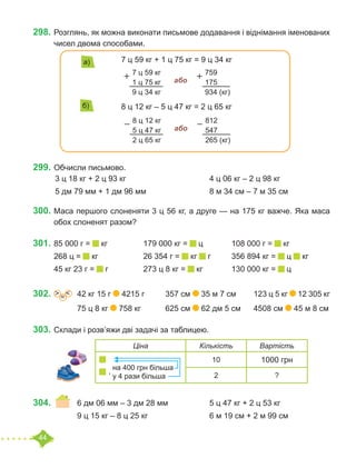 44
	
298.	Розглянь, як можна виконати письмове додавання і віднімання іменованих
чисел двома способами.
		 7 ц 59 кг + 1 ц 75 кг = 9 ц 34 кг
	
		 8 ц 12 кг – 5 ц 47 кг = 2 ц 65 кг
	
299.	Обчисли письмово.
	3 ц 18 кг + 2 ц 93 кг				 4 ц 06 кг – 2 ц 98 кг
	5 дм 79 мм + 1 дм 96 мм			 8 м 34 см – 7 м 35 см
300.	Маса першого слоненяти 3 ц 56 кг, а друге — на 175 кг важче. Яка маса
обох слоненят разом?
301.	85 000 г = кг		 179 000 кг = ц		 108 000 г = кг	
268 ц = кг			 26 354 г = кг г	 356 894 кг = ц кг	
45 кг 23 г = г		 273 ц 8 кг = кг		 130 000 кг = ц
302.	 =
˃ ˂ 	 42 кг 15 г 4215 г	 357 см 35 м 7 см	 123 ц 5 кг 12 305 кг
		 75 ц 8 кг 758 кг		 625 см 62 дм 5 см	 4508 см 45 м 8 см
303.	Склади і розв’яжи дві задачі за таблицею.
304.	 	 6 дм 06 мм – 3 дм 28 мм		 5 ц 47 кг + 2 ц 53 кг
		 9 ц 15 кг – 8 ц 25 кг			 6 м 19 см + 2 м 99 см
а)
7 ц 59 кг
1 ц 75 кг
9 ц 34 кг
759
175
934 (кг)
або
б)
8 ц 12 кг
5 ц 47 кг
2 ц 65 кг
812
547
265 (кг)
або
Ціна Кількість Вартість
,
на 400 грн більша
у 4 рази більша
10 1000 грн
2 ?
 