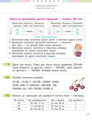 17
Задачі на пропорційне ділення (однакове — кількість або час)
Величина
одиниці
Кількість
(або час)
Загальна
величина
І ?
ІІ ?
?, однак.
Величина
одиниці
Кількість
(або час)
Загальна
величина
І ?
ІІ ?
?, однак.
План розв’язування
1. Визначаю суму числових даних однієї з величин (другу суму).
2. Визначаю значення однакової величини — кількості
або часу — за сумами двох інших величин.
3. Визначаю шукане значення в першому випадку,
відповідаю на перше запитання задачі.
4. Визначаю шукане значення в другому випадку,
відповідаю на друге запитання задачі.
2 Дано три числа. Сума цих трьох чисел дорівнює 232540,
сума першого та другого чисел — 223502, сума другого
та третього — 189084. Знайди кожне число.
3 Знайди значення виразів.
(8148–7519).7+56708–70000:10000
3230–608.4+(506342–506329).100
240000–83.100+78000:13000.8
4 Визнач за таблицею час прибуття потягів Київ — Ужгород.
№ потяга Час відправлення Час у дорозі Час прибуття
13 16 год 11 хв 14 год 44 хв ?
81 17 год 30 хв 16 год 10 хв ?
99 16 год 49 хв 14 год 23 хв ?
2
3
4
• Однакова величина —
кількість або час
 