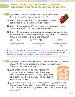 21
РОЗВ’ЯЗУЄМО ЗАДАЧІ НА ЗНАХОДЖЕННЯ
ОДНАКОВОЇ ВЕЛИЧИНИ ЗА ДВОМА РІЗНИЦЯМИ
1 До кожної задачі добери схему. Розв’яжи задачі.
Як можна знайти однакову величину?
1) Олег купив 3 шоколадки за однаковою ціною,
заплативши 75 грн. Яка ціна шоколадки?
2) Олег і Ганна купили 10 шоколадок за однаковою ціною,
заплативши 250 грн. Яка ціна шоколадки?
3) Олег і Ганна купили шоколадки за однаковою ціною. Ган-
на купила на 4 шоколадки більше і заплатила на 100 грн
більше, ніж Олег. Яка ціна шоколадки?
?
75
а)
3
б)
4
?
100 250
в)
?
10
Якщо задача містить три взаємопов’язані величини, одна з яких
є однаковою для двох випадків, то однакову величину можна
знайти за двома різницями інших двох величин.
2 До кожної задачі добери схему. Розв’яжи задачу 1. Зістав
задачі 1 і 2. Як їх відмінність вплине на розв’язання
задачі 2? Розв’яжи задачу 2.
1) Два кухарі ліпили вареники, працюючи
з однаковою продуктивністю. Один кухар
зліпив на 600 вареників більше, працюючи
при цьому на 2 год більше. Яка продуктив-
ність праці кухарів?
2) Два кухарі ліпили вареники, працюючи з однаковою про-
дуктивністю. Один кухар зліпив 900 вареників, а інший —
1500, працюючи на 2 год більше. Яка продуктивність пра-
ці кухарів?
1
2
задачі 1 і 2. Як їх відмінність вплине на розв’язання
 