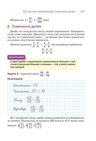 137137§21. Що таке звичайний дріб. Порівняння дробів21. Що таке звичайний дріб. Порівняння дробів
Наприклад,
15
1
15
= ,
234
1
234
= тощо.
2. Порівняння дробів
Дроби, як і натуральні числа, можна порівнювати. Повернемо-
ся до задачі про торт. Зрозуміло, коли торт поділено на 8 рівних
частин, то 4 шматочки торта — це більше ніж 3 його шматочки,
але менше, ніж 5 таких шматочків.
Можемо записати:
4 3
8 8
> і
4 5
8 8
< , або подвійною нерівністю:
3 4 5
8 8 8
< < .
Із двох дробів з однаковими знаменниками більшим є той,
у якого чисельник більший, а меншим — той, у якого чисель-
ник менший.
І бі
ЗАПАМ’ЯТАЙТЕ!
Задача 2 Порівняйте дроби
100
158
і
99
158
.
Розв’язання
Знаменники: 158.
Чисельники: 100 > 99.
Тому .
В дпов дь: .
>100
158
99
158
>100
158
99
158
Як і натуральні числа, дроби можна розмістити на координатно-
му промені. Наприклад, на малюнку 162 точки A, B і C мають коор-
динати:
2
5
A
⎛ ⎞
⎜ ⎟⎝ ⎠
,
9
5
B
⎛ ⎞
⎜ ⎟⎝ ⎠
,
16
5
C
⎛ ⎞
⎜ ⎟⎝ ⎠
.
 