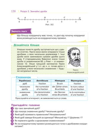 138 Розділ 5. Звичайні дробиРозділ 5. Звичайні дроби
O X
10 2 3 4
A B C
Мал. 162
Що більшу координату має точка, то далі від початку координат
вона розміщується на координатному промені.
Щ бі
ЗВЕРНІТЬ УВАГУ
Уперше поняття дробу зустрічається ще у дав-
ніх єгиптян. Проте вони вміли оперувати тільки
дробами, у яких чисельник дорівнював 1. Інші
дроби вони замінювали сумами дробів цього
виду. У стародавньому Вавилоні знали тільки
дроби зі знаменником 60, у Римі — зі знамен-
ником 12. Лише грецький математик Герон
Александрійський у І ст. до н. е. почав діяти з
дробами, у яких чисельник і знаменник — будь-
які натуральні числа.
Герон
Александрійський
Дізнайтеся більшеДізнайтеся більше
Українська Англійська Німецька Французька
дріб fraction Bruch fraction
чисельник
дробу
the numerator
of a fraction
der Zahler eines
Bruchteils
le numerateur
d’une fraction
знаменник
дробу
the denominator
of a fraction
der Nenner
eines Bruchteils
le denominateur
d’une fraction
Прослухайте в Інтернеті, як вимовляються ці слова.
СловничокСловничок
Пригадайте головнеПригадайте головне
Що таке звичайний дріб?
Що показує знаменник дробу? Чисельник дробу?
Який дріб називають правильним? Неправильним?
Який дріб завжди більший за одиницю? Менший від 1? Дорівнює 1?
Як порівняти дроби з однаковими знаменниками?
Як на координатному промені розміщуються точки з дробовими коорди-
натами?
1
2
3
4
5
6
 
