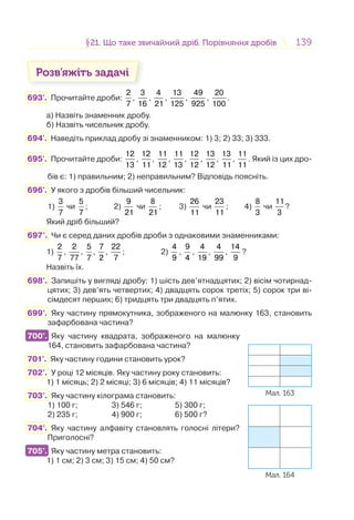 139139§21. Що таке звичайний дріб. Порівняння дробів21. Що таке звичайний дріб. Порівняння дробів
Розв’яжіть задачі
693'. Прочитайте дроби:
2
7
,
3
16
,
4
21
,
13
125
,
49
925
,
20
100
.
а) Назвіть знаменник дробу.
б) Назвіть чисельник дробу.
694'. Наведіть приклад дробу зі знаменником: 1) 3; 2) 33; 3) 333.
695'. Прочитайте дроби:
12
13
,
12
11
,
11
12
,
11
13
,
12
12
,
13
12
,
13
11
,
11
11
. Який із цих дро-
бів є: 1) правильним; 2) неправильним? Відповідь поясніть.
696'. У якого з дробів більший чисельник:
1)
3
7
чи
5
7
; 2)
9
21
чи
8
21
; 3)
26
11
чи
23
11
; 4)
8
3
чи
11
3
?
Який дріб більший?
697°. Чи є серед даних дробів дроби з однаковими знаменниками:
1)
2
7
,
2
77
,
5
7
,
7
2
,
22
7
; 2)
4
9
,
9
4
,
4
19
,
4
99
,
14
9
?
Назвіть їх.
698°. Запишіть у вигляді дробу: 1) шість дев’ятнадцятих; 2) вісім чотирнад-
цятих; 3) дев’ять четвертих; 4) двадцять сорок третіх; 5) сорок три ві-
сімдесят перших; 6) тридцять три двадцять п’ятих.
699°. Яку частину прямокутника, зображеного на малюнку 163, становить
зафарбована частина?
700°. Яку частину квадрата, зображеного на малюнку
164, становить зафарбована частина?
701°. Яку частину години становить урок?
702°. У році 12 місяців. Яку частину року становить:
1) 1 місяць; 2) 2 місяці; 3) 6 місяців; 4) 11 місяців?
703°. Яку частину кілограма становить:
1) 100 г; 3) 546 г; 5) 300 г;
2) 235 г; 4) 900 г; 6) 500 г?
704°. Яку частину алфавіту становлять голосні літери?
Приголосні?
705°. Яку частину метра становить:
1) 1 см; 2) 3 см; 3) 15 см; 4) 50 см?
Мал. 163
Мал. 164
700°.
705°.
 