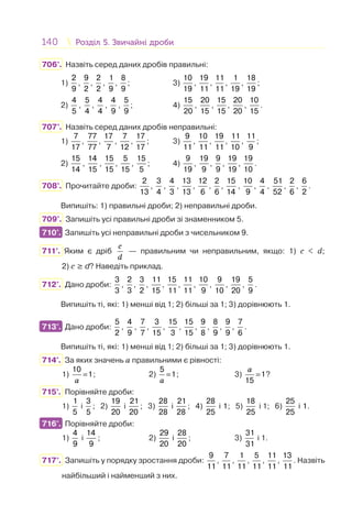 140 Розділ 5. Звичайні дробиРозділ 5. Звичайні дроби
706°. Назвіть серед даних дробів правильні:
1)
2
9
,
9
2
,
2
2
,
1
9
,
8
9
; 3)
10
19
,
19
11
,
11
11
,
1
19
,
18
19
;
2)
4
5
,
5
4
,
4
4
,
4
9
,
5
9
; 4)
15
20
,
20
15
,
15
15
,
20
20
,
10
15
.
707°. Назвіть серед даних дробів неправильні:
1)
7
17
,
77
77
,
17
7
,
7
12
,
17
17
; 3)
9
11
,
10
11
,
19
11
,
11
10
,
11
9
;
2)
15
14
,
14
15
,
15
15
,
5
15
,
15
5
; 4)
9
19
,
19
9
,
9
9
,
19
19
,
19
10
.
708°. Прочитайте дроби:
2
13
,
3
4
,
4
3
,
13
13
,
12
6
,
2
6
,
15
14
,
10
9
,
4
4
,
51
52
,
2
6
,
6
2
.
Випишіть: 1) правильні дроби; 2) неправильні дроби.
709°. Запишіть усі правильні дроби зі знаменником 5.
710°. Запишіть усі неправильні дроби з чисельником 9.
711°. Яким є дріб
c
d
— правильним чи неправильним, якщо: 1) c < d;
2) c ≥ d? Наведіть приклад.
712°. Дано дроби:
3
3
,
2
3
,
3
2
,
11
15
,
15
11
,
11
11
,
10
9
,
9
10
,
19
20
,
5
9
.
Випишіть ті, які: 1) менші від 1; 2) більші за 1; 3) дорівнюють 1.
713°. Дано дроби:
5
2
,
4
9
,
7
7
,
3
15
,
15
3
,
15
15
,
9
8
,
8
9
,
9
9
,
7
6
.
Випишіть ті, які: 1) менші від 1; 2) більші за 1; 3) дорівнюють 1.
714°. За яких значень a правильними є рівності:
1)
a
=
10
1; 2)
5
1
a
= ; 3) 1
15
a
= ?
715°. Порівняйте дроби:
1)
1
5
і
3
5
; 2)
19
20
і
21
20
; 3)
28
28
і
21
28
; 4)
28
25
і 1; 5)
18
25
і 1; 6)
25
25
і 1.
716°. Порівняйте дроби:
1)
4
9
і
14
9
; 2)
29
20
і
28
20
; 3)
31
31
і 1.
717°. Запишіть у порядку зростання дроби:
9
11
,
7
11
,
1
11
,
5
11
,
11
11
,
13
11
. Назвіть
найбільший і найменший з них.
710°.
713°.
716°.
 