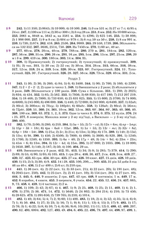 229229ВідповідіВідповіді
242. 1) 11 350; 2) 8645; 3) 10 000; 4) 10 500. 246. 1) 3 км 531 м; 3) 27 кг 7 г; 4) 95 ц
24кг.247.1)100км111м;2)30кг300г;3)3год28хв.251.8мм.252.На10000місць.
253. 2061 м, 8848 м, 5642 м, на 3581 м. 254. 1) 4296; 2) 625 146. 255. 1) 38 898;
2) 1 998 000. 257. 1) 9 м 8 см; 2) 604 кг 979 г; 3) 8 год 59 хв 50 с. 258. 1) 8 км 991 м.
259. 1) 738; 2) 874. 262. 416. 263. 2536. 264. 9989. 265. 29 558; 1739. 266. Збільшить-
ся на 132 352. 267. 3636, 2514, 750. 269. На 7450см. 270. 1) 60 мг, 40 мг.
277. 60см. 278. 20см, 40см. 279. 788см. 280. 270 м. 281. 184см. 282. 120см.
287. 56см. 288. 31см. 290. 26 см. 291. 16 дм. 295. 5см. 296. 15см. 297. 25см. 298. 20
м і 3 м. 299. 410 см. 300. 180см. 303. 14 м. 304. Ні.
308. 1) Прямокутний; 2) гострокутний; 3) тупокутний; 4) прямокутний. 309.
1) Ні; 3) так. 311. 1) 30 см; 2) 22 см; 3) 30см. 314. 28см. 315. 66см. 316. 38см.
317. 12см. 318. 24 м. 319. 5см. 320. 30см. 323. 60°. Гострокутний. 324. 15°. Тупо-
кутний. 325. 30°. Гострокутний. 326. 28. 327. 56см. 328. 73см. 329. 40см. 331. 2см.
Розділ 3
343. 1) 30; 2) 36; 3) 260; 4) 84; 5) 0; 6) 3400. 344. 1) 90; 2) 700; 3) 160; 4) 2200.
347. 1) 2 + 2 = 2 · 2; 2) одне із чисел 1. 348. 1) Зменшиться у 2 рази; 2) збільшиться у
3 рази. 349. Збільшиться у 100 разів. 350. Сума є більшою. 351. 1) 288; 2) 2025;
3) 834; 4) 434. 352. 1) 85; 2) 582. 353. 1) 7936; 3) 68 850; 5) 417 180; 7) 212 207 219.
354. 1) 18 468; 2) 7000; 3) 733 650; 4) 25 831 025. 355. 1) 15 600; 2) 3700; 3) 74 000;
4) 6800; 5) 245 000; 6) 496 000. 356. 1) 440; 2) 72 000; 3) 241 000; 4) 8400. 357. 1) 32ab;
2) 80cd; 3) 300mn; 4) 70xy; 5) 180pkt; 6) 60abc. 358. 1) 120ab; 2) 80cd; 3) 56mn;
4) 72pkt. 359. 51. 360. 24. 361. 10см. 362. 12см. 363. 60°. 364. 80°. 365. 40. 366. 40.
368. 180 км. 369. 63. 372. 1, 2, 3. 373. Одне із чисел 8. 374. 0. 375. 12 нулів. 376. 24
і 25. 377. 8 поверхів; Миколка живе у 2-му під’їзді, а Василько — у 3-му під’їзді.
380. 400.
382. 1) 70; 2) 90; 3) 280; 4) 210. 384. 1) 5a + 55; 2) 7c – cd; 3) 12n + 6m; 4) np – 5mp;
5) 15p + 3k + 18t; 6) 4pa – 6ak + 12at. 385. 1) 5x + 55; 2) 12c – mc; 3) 32c + 8d;
4) 6p + 18k – 54t. 388. 1) 21a; 2) 2c; 3) 21n; 4) 13m; 5) 30p; 6) 17k. 389. 1) 14b; 2) 13d;
3) 13n; 4) 9k. 390. 1) 450; 2) 6500; 3) 7800; 4) 4900; 5) 3600; 6) 820. 391. 1) 1240;
2) 1700; 3) 1240; 4) 1350. 393. 1) 6a + 40; 2) 17y + 48; 3) 14c + 9d; 4) 23m + 23n;
5) 45m + 6; 6) 13m. 394. 3) 12c – 4d; 4) 15m. 395. 1) 37 000; 2) 1035. 396. 1) 18 000;
2) 1650. 397. 1) 140; 2) 187; 3) 50; 4) 100. 404. 29 хв.
410. Зменшиться у 3 рази. 412. Ні. 413. 1) 34; 3) 8; 5) 285; 7) 379. 414. 1) 290;
2) 89; 3) 55; 4) 90; 5) 95; 6) 105. 415. 1 грн 20 к. 416. 36. 417. 2см. 418. 3см. 419. 27°.
420. 32°. 423. 65 грн. 424. 40 грн. 425. 27 км. 426. 10 книг. 427. 15 днів. 428. 10 днів.
430. 1) 15; 2) 5; 3) 30; 4) 9. 432. 14 і 28. 433. 100, 200,…, 900. 435. 31 рік 52 доби 3 год
46 хв 40 с. 436. 1) 2 кг 400 г; 2) 6 кг; 3) 210 грн.
441. 1) 36 (ост. 4); 2) 22 (ост. 1); 3) 33 (ост. 21); 4) 22 (ост. 20); 5) 191 (ост. 48);
6) 2045 (ост. 250). 442. 1) 25 (ост. 2); 2) 41 (ост. 10); 3) 154 (ост. 26); 4) 27 (ост. 40).
444. 3. 445. 6. 446. 9 зошитів; 2 грн. 447. 43 грн. 448. 8 костюмів; 1 м. 449. 17 м.
452. 6 коробок, 4 книги. 453. 3 шеренги, 6 учнів. 454. 22. 455. 12. 456. 24. 457. 665,
9, 73. 458. 4. 459. 1) 4 частини; 2) 2 м.
466. 1) 109; 2) 42; 3) 67; 4) 4. 467. 1) 9; 2) 25. 468. 1) 25; 2) 11. 469. 1) 4; 2) 1.
470. 1) 270; 2) 36. 471. 14. 472. 1) 5646; 2) 24 802; 3) 284 214; 4) 210; 5) 73 450;
6) 28 625. 473. 1) 395 656; 2) 739 705; 3) 210; 4) 1014.
482. 1) 40; 3) 64; 5) 4; 7) 2; 9) 60; 11) 400. 483. 1) 18; 2) 4; 3) 52; 4) 35; 5) 4; 6) 0;
7) 1; 8) 50. 484. 1) 27; 3) 23; 5) 16; 7) 1; 9) 8; 11) 1; 13) 4; 15) 3; 17) 9. 485. 1) 17;
2) 76; 3) 1; 4) 22; 5) 8; 6) 10; 7) 4; 8) 36; 9) 6; 10) 282; 11) 11; 12) 3. 488. 42. 489. 207.
490. 82. 491. 6804. 492. 127. 493. 49. 494. 6. 495. 22. 496. 79. 497. 44. 498. 97. 499. 1.
§ 8
§ 9
§ 10
§ 11
§ 12
§ 13
§ 14
§ 15
§ 16
 