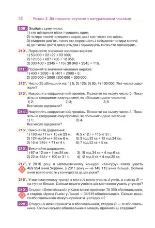 50 Розділ 2. Дії першого ступеня з натуральними числамиРозділ 2. Дії першого ступеня з натуральними числами
209°. Знайдіть суму чисел:
1) сто шістдесят вісім і тридцять один;
2) чотири тисячі чотириста сорок два і три тисячі сто шість;
3) сімдесят дев’ять тисяч сто сорок шість і вісімдесят чотири тисячі;
4) дві тисячі двісті двадцять два і одинадцять тисяч сто одинадцять.
210°. Порівняйте значення числових виразів:
1) 53 000 + 22 і 22 + 53 000;
2) 12 056 + 607 і 706 + 12 056;
3) 300 400 + 2345 + 116 і 30 040 + 2345 + 116.
211°. Порівняйте значення числових виразів:
1) 400 + 2090 + 6 і 401 + 2090 + 6;
2) 300 000 + 2000 і 200 000 + 300 000.
212°. Число 25 збільшили на: 1) 5; 2) 125; 3) 95; 4) 100 000. Яке число одер-
жали?
213°. Накресліть координатний промінь. Позначте на ньому число 5. Пока-
жіть на координатному промені, як збільшити дане число на:
1) 2; 2) 3; 3) 5.
Яке число одержали?
214°. Накресліть координатний промінь. Позначте на ньому число 3. Пока-
жіть на координатному промені, як збільшити дане число на:
1) 1; 2) 4.
Яке число одержали?
215°. Виконайте додавання:
1) 100 км 17 м + 15 км 23 м; 4) 5 кг 2 г + 115 кг 8 г;
2) 124 км 64 м + 26 км 6 м; 5) 3 год 32 хв + 12 год 24 хв;
3) 16 кг 346 г + 71 кг 4 г; 6) 7 год 52 хв + 5 хв.
216°. Виконайте додавання:
1) 67 м 12 см + 1 км 54 см; 3) 10 год 34 хв + 4 год 6 хв.
2) 22 кг 454 г + 100 кг 31 г; 4) 12 год 5 хв + 4 год 25 хв.
217°. У 2010 році в математичному конкурсі «Кенгуру» взяло участь
469 554 учнів України, а 2011 року — на 143 113 учнів більше. Скільки
учнів взяло участь у конкурсі за ці два роки?
218°. У математичному турнірі з міста А взяло участь d учнів, а з міста В —
на с учнів більше. Скільки всього учнів із цих міст взяло участь у турнірі?
219°. Стадіон «Олімпійський» у Києві може прийняти 70 050 вболівальників,
а стадіон «Арена Львів» у Львові — 34 915 вболівальників. Скільки всьо-
го вболівальників можуть прийняти ці стадіони?
220°. Стадіон А може прийняти n вболівальників, стадіон В — т вболіваль-
ників. Скільки всього вболівальників можуть прийняти ці стадіони?
209°.
211°.
214°.
216°.
2111117 .
219°.2119 .
220°.
 