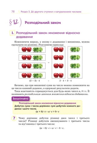 78 Розділ 3. Дії другого ступеня з натуральними числамиРозділ 3. Дії другого ступеня з натуральними числами
§12 Розподільний закон
1. Розподільний закон множення відносно
додавання
Компоненти виразу, у якому є додавання і множення, можна
групувати по-різному. Розглянемо приклад:
=
(2 + 3) · 4 = 2 · 4 + 3 · 4
Бачимо, що при множенні суми на число можна помножити на
це число кожний доданок, а одержані результати додати.
Така властивість справджується для будь-яких чисел a, b і с. Її
називають розподільним законом множення відносно додавання.
Розподільний закон множення відносно додавання
Добуток суми і числа дорівнює сумі добутків кожного до-
данка і цього числа.
(a + b) · c = a · с + b · c
Р і
ЗАПАМ’ЯТАЙТЕ!
Чому дорівнює добуток різниці двох чисел і третього
числа? Різниці добутків зменшуваного і третього числа
та від’ємника і третього числа:
(a – b) · c = a · с – b · c.
?
 