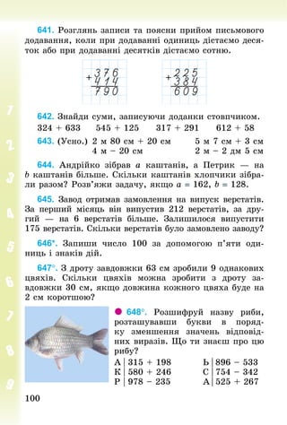 100
100
641. Розглянь записи та поясни прийом письмового
додавання, коли при додаванні одиниць дістаємо деся-
ток або при додаванні десятків дістаємо сотню.
642. Знайди суми, записуючи доданки стовпчиком.
324 + 633					545 + 125					317 + 291					612 + 58
643. (Усно.)		2 м 80 см + 20 см							5 м 7 см + 3 см
																4 м – 20 см															2 м – 2 дм 5 см
644. Андрійко зібрав а каштанів, а Петрик  — на
b каштанів більше. Скільки каштанів хлопчики зібра-
ли разом? Розв’яжи задачу, якщо а = 162, b = 128.
645. Завод отримав замовлення на випуск верстатів.
За перший місяць він випустив 212 верстатів, за дру-
гий  — на 6 верстатів більше. Залишилося випустити
175 верстатів. Скільки верстатів було замовлено заводу?
646*. Запиши число 100 за допомогою п’яти оди-
ниць і знаків дій.
647°. З дроту завдовжки 63 см зробили 9 однакових
цвяхів. Скільки цвяхів можна зробити з дроту за-
вдовжки 30 см, якщо довжина кожного цвяха буде на
2 см коротшою?
648°. Розшифруй назву риби,
розташувавши букви в поряд-
ку зменшення значень відповід-
них виразів. Що ти знаєш про цю
рибу?
А	|	315 + 198	 Ь	|	896 – 533
К	|	580 + 246	 С	|	754 – 342
Р	|	978 – 235	 А	|	525 + 267
 