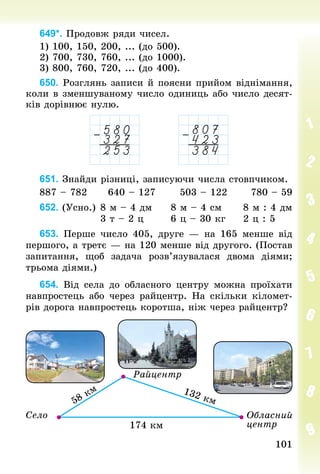 101
101
649*. Продовж ряди чисел.
1) 100, 150, 200, ... (до 500).
2) 700, 730, 760, ... (до 1000).
3) 800, 760, 720, ... (до 400).
650. Розглянь записи й поясни прийом віднімання,
коли в зменшуваному число одиниць або число десят-
ків дорівнює нулю.
651. Знай­
ди різниці, записуючи числа стовпчиком.
887 – 782	 640 – 127	 503 – 122	 780 – 59
652. (Усно.)	8 м – 4 дм	 8 м – 4 см	 8 м : 4 дм
	 3 т – 2 ц	 6 ц – 30 кг	 2 ц : 5
653. Перше число 405, друге  — на 165 менше від
першого, а третє — на 120 менше від другого. (Постав
запитання, щоб задача розв’язувалася двома діями;
трьома діями.)
654. Від села до обласного центру можна проїхати
навпростець або через райцентр. На скільки кіломет­
рів дорога навпростець коротша, ніж через райцентр?
 