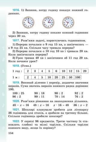 154
154
1016. 1) Запиши, котру годину показує кожний го-
динник.
2) Запиши, котру годину покаже кожний годинник
через 30 хв.
1017. Розв’яжи задачі, користуючись годинником.
1)	Перерва почалася о 9 год 15 хв, а закінчилась —
о 9 год 25 хв. Скільки часу тривала перерва?
2)	Перерва почалася о 10 год 10 хв і тривала 20 хв.
Коли закінчилася перерва?
3)	Урок тривав 40 хв і закінчився об 11 год 20 хв.
Коли почався урок?
1018. (Усно.)
1 год : 2 3 4 5 6 10 12 15 20
1 м : 2 4 5 10 20 25 50 100
1019. Виконай ділення і перевір, додаючи значення
виразів. Сума значень виразів кожного рядка дорівнює
100.
100 : 25									90 : 18									90 : 2										92 : 2
96 : 2												99 : 11									70 : 14									76 : 2
1020. Розв’яжи рівняння на знаходження дільника.
48 – х = 16				48 : х = 16				х · 16 = 48				36 : х = 2
1021. Школярі планували зробити для лісопарку
36 годівниць для птахів, а зробили на третину більше.
Скільки годівниць зробили школярі?
1022. У сервізі 96 предметів. Третю частину їх ста-
новлять глибокі та мілкі тарілки. Скільки тарілок
кожного виду, якщо їх порівну?
 