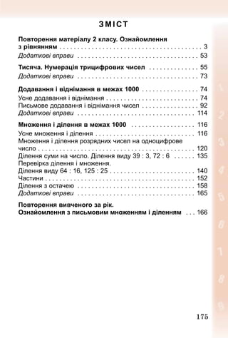 175
175
ЗМІСТ
Повторення матеріалу 2 класу. Ознайомлення
з рівнянням . .  .  .  .  .  .  .  .  .  .  .  .  .  .  .  .  .  .  .  .  .  .  .  .  .  .  .  .  .  .  .  .  .  .  .  .  .  .  .  . 3
Додаткові вправи  . .  .  .  .  .  .  .  .  .  .  .  .  .  .  .  .  .  .  .  .  .  .  .  .  .  .  .  .  .  .  .  .  .  . 53
Тисяча. Нумерація трицифрових чисел  . .  .  .  .  .  .  .  .  .  .  .  .  .  . 55
Додаткові вправи  . .  .  .  .  .  .  .  .  .  .  .  .  .  .  .  .  .  .  .  .  .  .  .  .  .  .  .  .  .  .  .  .  .  . 73
Додавання і віднімання в межах 1000  .  .  .  .  .  .  .  .  .  .  .  .  .  .  .  . 74
Усне додавання і віднімання  .  .  .  .  .  .  .  .  .  .  .  .  .  .  .  .  .  .  .  .  .  .  .  .  .  . 74
Письмове додавання і віднімання чисел  .  .  .  .  .  .  .  .  .  .  .  .  .  .  .  . 92
Додаткові вправи  . .  .  .  .  .  .  .  .  .  .  .  .  .  .  .  .  .  .  .  .  .  .  .  .  .  .  .  .  .  .  .  .  . 114
Множення і ділення в межах 1000  .  .  .  .  .  .  .  .  .  .  .  .  .  .  .  .  .  .  . 116
Усне множення і ділення  .  .  .  .  .  .  .  .  .  .  .  .  .  .  .  .  .  .  .  .  .  .  .  .  .  .  .  . 116
Множення і ділення розрядних чисел на одноцифрове
число  .  .  .  .  .  .  .  .  .  .  .  .  .  .  .  .  .  .  .  .  .  .  .  .  .  .  .  .  .  .  .  .  .  .  .  .  .  .  .  .  .  .  .  . 120
Ділення суми на число. Ділення виду 39 : 3, 72 : 6  .  .  .  .  .  .  . 135
Перевірка ділення і множення.
Ділення виду 64 : 16, 125 : 25  .  .  .  .  .  .  .  .  .  .  .  .  .  .  .  .  .  .  .  .  .  .  .  . 140
Частини  .  .  .  .  .  .  .  .  .  .  .  .  .  .  .  .  .  .  .  .  .  .  .  .  .  .  .  .  .  .  .  .  .  .  .  .  .  .  .  .  .  . 152
Ділення з остачею  .  .  .  .  .  .  .  .  .  .  .  .  .  .  .  .  .  .  .  .  .  .  .  .  .  .  .  .  .  .  .  .  . 158
Додаткові вправи  . .  .  .  .  .  .  .  .  .  .  .  .  .  .  .  .  .  .  .  .  .  .  .  .  .  .  .  .  .  .  .  .  . 165
Повторення вивченого за рік.
Ознайомлення з письмовим множенням і діленням  .  .  .  . 166
 