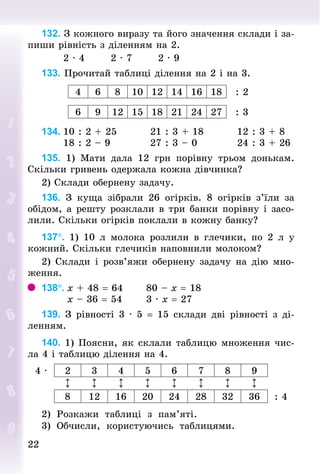 22
22
132. З кожного виразу та його значення склади і за-
пиши рівність з діленням на 2.
						2 · 4							2 · 7							2 · 9
133. Прочитай таб­
лиці ділення на 2 і на 3.
4 6 8 10 12 14 16 18 : 2
6 9 12 15 18 21 24 27 : 3
134.	10 : 2 + 25									21 : 3 + 18									12 : 3 + 8
						18 : 2 – 9											27 : 3 – 0											24 : 3 + 26
135. 1) Мати дала 12  грн порівну трьом донькам.
Скільки гривень одержала кожна дівчинка?
2) Склади обернену задачу.
136. З куща зібрали 26 огірків. 8 огірків з’їли за
обідом, а решту розклали в три банки порівну і засо-
лили. Скільки огірків поклали в кожну банку?
137°. 1) 10  л молока розлили в глечики, по 2  л у
кожний. Скільки глечиків наповнили молоком?
2) Склади і розв’яжи обернену задачу на дію мно-
ження.
138°.	х + 48 = 64						80 – х = 18		
							х – 36 = 54							3 · х = 27
139. З рівності 3 · 5 = 15 склади дві рівності з ді-
ленням.
140. 1) Поясни, як склали таб­
лицю множення чис-
ла 4 і таб­
лицю ділення на 4.
4 · 2 3 4 5 6 7 8 9
↕ ↕ ↕ ↕ ↕ ↕ ↕ ↕
8 12 16 20 24 28 32 36 : 4
2) Розкажи таб­
лиці з пам’яті.
3) Обчисли, користуючись таб­
лицями.
 