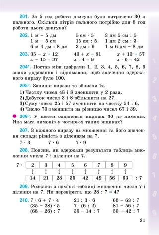 31
31
201. За 5 год роботи двигуна було витрачено 30  л
пального. Скільки літрів пального потрібно для 8 год
роботи цього двигуна?
202.	1 м – 5 дм										5 см · 5						3 дм 5 см : 5	
						1 м – 5 см											15 см : 5					1 дм 2 см : 3	
						6 м 4 дм : 8 дм 				3 дм : 6						1 м 6 дм – 8 дм
203.	35 – x = 12									43 + x = 81								x + 13 = 57
						x – 15 = 37									x : 4 = 8												x · 6 = 42
204*. Постав між цифрами 1, 2, 3, 4, 5, 6, 7, 8, 9
знаки додавання і віднімання, щоб значення одержа-
ного виразу було 100.
205°. Запиши вирази та обчисли їх.
1)	Частку чисел 48 і 8 зменшити у 2 рази.
2)	Добуток чисел 3 і 8 збільшити на 27.
3)	Суму чисел 25 і 57 зменшити на частку 54 : 6.
4)	Число 70 зменшити на різницю чисел 67 і 39.
206°. У  шести однакових ящиках 30  кг лимонів.
Яка маса лимонів у чотирьох таких ящиках?
207. З кожного виразу на множення та його значен-
ня склади рівність з діленням на 7.
7 · 3										7 · 6									7 · 9
208. Поясни, як одержали результати таб­
лиць мно-
ження числа 7 і ділення на 7.
7 · 2 3 4 5 6 7 8 9
↕ ↕ ↕ ↕ ↕ ↕ ↕ ↕
14 21 28 35 42 49 56 63 : 7
209. Розкажи з пам’яті таб­
лиці множення числа 7 і
ділення на 7. Як перевірити, що 28 : 7 = 4?
210.	7 · 6 + 7 · 4								21 : 3 · 6									60 – 63 : 7	
						(35 – 28) · 5								7 · (6 : 2)									81 – 56 : 7	
						(68 – 26) : 7							35 – 14 : 7							50 + 42 : 7
 