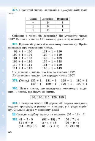 56
56
377. Прочитай числа, записані в нумераційній таб­
лиці.
Сотні Десятки Одиниці
– 9 8
1 0 1
1 2 1
Скільки в числі 98 десятків? Як утворити число
101? Скільки в числі 121 сотень; десятків; одиниць?
378. Прочитай рівності в кожному стовпчику. Зроби
висновок про утворення чисел.
		99 + 1 = 100									121 – 1 = 120
100 + 1 = 101									120 – 1 = 119
101 + 1 = 102									140 – 1 = 139
109 + 1 = 110									139 – 1 = 138
110 + 1 = 111									151 – 1 = 150
111 + 1 = 112									150 – 1 = 149
Як утворити число, що йде за числом 149?
Як утворити число, що передує числу 160?
379. (Усно.)		135 + 1				181 – 1				169 + 1				180 + 1
																140 – 1				180 – 1				170 + 1				190 + 1
380. Назви числа, що передують кожному з пода-
них, і числа, що йдуть за ними.
90, 100, 115, 120, 189
381. Посадили всього 80 дерев. 44 дерева посадили
вздовж тротуару, а решту — в парку, у 4 ряди порів-
ну. Скільки дерев у кожному ряді?
Склади подібну задачу за виразом (66 – 18) : 6.
382. 41 – 7 · 5									(82 – 19) : 7					56 : 7 : 4
						81 : 9 – 9									3 · 4 + 48									96 – 9 · 4
						(84 – 20) : 8					61 – (7 + 9)						5 · (9 : 9)
 