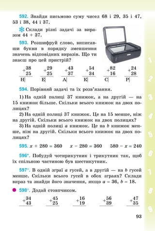 93
93
592. Знай­
ди письмово суму чисел 68 і 29, 35 і 47,
53 і 38, 44 і 37.
Склади різні задачі за вира-
зом 44 + 37.
593. Розшифруй слово, виписав-
ши букви в порядку зменшення
значень відповідних виразів. Що ти
знаєш про цей пристрій?
+
38
25
+
29
25
+
43
37
+
54
34
+
82
16
+
24
28
Н| Е| А| К| С| Р|
594. Порівняй задачі та їх розв’язання.
1)	На одній полиці 37 книжок, а на другій  — на
15 книжок більше. Скільки всього книжок на двох по-
лицях?
2)	На одній полиці 37 книжок. Це на 15 менше, ніж
на другій. Скільки всього книжок на двох полицях?
3)	На одній полиці а книжок. Це на b книжок мен-
ше, ніж на другій. Скільки всього книжок на двох по-
лицях?
595.	х + 280 = 360					х – 280 = 360					580 – х = 240
596*. Побудуй чотирикутник і трикутник так, щоб
їх спільною частиною був шестикутник.
597°. В одній зграї а гусей, а в другій — на b гусей
менше. Скільки всього гусей в обох зграях? Склади
вираз та знайди його значення, якщо а = 36, b = 18.
598°. Додай стовпчиком.
+
34
43
+
45
25
+
16
19
+
56
39
+
47
35
 