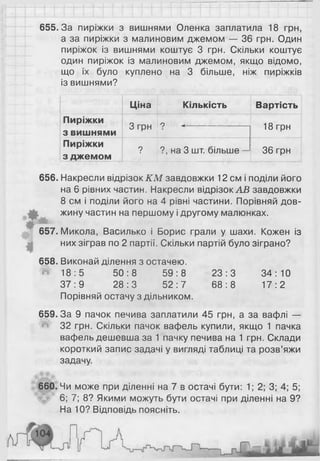 655.3а пиріжки з вишнями Оленка заплатила 18 грн,
а за пиріжки з малиновим джемом — 36 грн. Один
пиріжок із вишнями коштує 3 грн. Скільки коштує
один пиріжок із малиновим джемом, якщо відомо,
що їх було куплено на 3 більше, ніж пиріжків
із вишнями?
Ціна Кількість Вартість
Пиріжки
3 вишнями
3 грн 9 +
18 грн
Пиріжки
з джемом
? ?, на 3 шт. більше — 36 грн
656. Накресли відрізок К М завдовжки 12 см і поділи його
на 6 рівних частин. Накресли відрізок АВ завдовжки
8 см і поділи його на 4 рівні частини. Порівняй дов­
жину частин на першому і другому малюнках.
657. Микола, Василько і Борис грали у шахи. Кожен із
них зіграв по 2 партії. Скільки партій було зіграно?
658. Виконай ділення з остачею.
^ 18:5 50:8 59:8 23:3 34:10
37:9 28:3 52:7 6 8 : 8 17:2
Порівняй остачу з дільником.
659.3а 9 пачок печива заплатили 45 грн, а за вафлі —
^ 32 грн. Скільки пачок вафель купили, якщо 1 пачка
вафель дешевша за 1 пачку печива на 1 грн. Склади
короткий запис задачі у вигляді таблиці та розв’яжи
задачу.
660. Чи може при діленні на 7 в остачі бути: 1; 2; 3; 4; 5;
6 ; 7; 8 ? Якими можуть бути остачі при діленні на 9?
На 10? Відповідь поясніть.
 