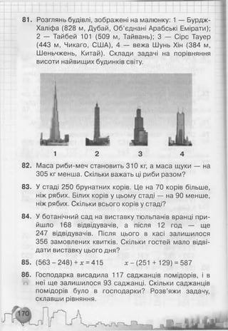 81. Розглянь будівлі, зображені на малюнку: 1 — Бурдж-
Халіфа (828 м, Дубай, Об’єднані Арабські Емірати);
2 — Тайбей 101 (509 м, Тайвань); 3 — Сіре Тауер
(443 м, Чикаго, США), 4 — вежа Шунь Хін (384 м,
Шеньчжень, Китай). Склади задачі на порівняння
висоти найвищих будинків світу.
1 2 3 4
82. Маса риби-меч становить 310 кг, а маса щуки — на
305 кг менша. Скільки важать ці риби разом?
83. У стаді 250 брунатних корів. Це на 70 корів більше,
ніж рябих. Білих корів у цьому стаді — на 90 менше,
ніж рябих. Скільки всього корів у стаді?
84. У ботанічний сад на виставку тюльпанів вранці при­
йшло 168 відвідувачів, а після 12 год — ще
247 відвідувачів. Після цього в касі залишилося
356 замовлених квитків. Скільки гостей мало відві­
дати виставку цього дня?
85. (563 - 248) + х = 415 х - (251 + 129) = 587
86. Господарка висадила 117 саджанців помідорів, і в
неї ще залишилося 93 саджанці. Скільки саджанців
помідорів було в господарки? Розв’яжи задачу,
склавши рівняння.
 