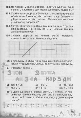 152. На подвір’ї у бабусі Варвари ходять 9 курочок і один
півник. Скільки ніг в усіх птахів, що ходять подвір’ям?
153. У шкільному спортзалі 24 тенісні м’ячі. Волейбольних
м’ячів — на 8 менше, ніж тенісних, а футбольних —
у 8 разів менше, ніж тенісних. Скільки всього м’ячів
у шкільному спортзалі?
154. У сувої 36 м тканини. З цієї тканини пошили 5 суконь,
використавши на кожну по 3 м. Скільки тканини
залишилося в сувої?
155. Скільки відрізків на кожній схемі? Накресли
в зошиті схему, на якій менше відрізків.
156. У візерунку на Оксанчиній спідничці 9 разів повторю­
ються 7 трикутників. Скільки трикутників у візерунку?
157. Розгадай ребуси.
159. У двох однакових шафах стоїть 24 книжки. У пер­
шій шафі на кожній полиці стоїть по 4 книжки, а в дру­
гій — по 2 книжки. Скільки полиць у двох шафах
разом?
158.12:4 + 26
45 : 9 ■З
56 - 56 : 7
34 + 5- 5
З ■(45 - 36)
(36+ 27): 9
0 2 11 Ч 32 9 19 1 100 ЧЧ
 