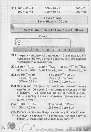 219.200 + 40 + 9
600 + 30 + 2
500+ 10 + 7
100 + 80 + 5
700 + 7
900 + 60
1 дм = 10 см
1 м = 10 дм = 100 см
1 см = 10 мм; 1 дм = 100 мм; 1 м = 1000 мм
100 мм
І™мм
|^мм|
1111 і і 11 н | і і іі і і Ш | Т ґ ї ТП і'і і | і м мі'і і ї Ш ї і і ї й і | і і 'і'і'і ГПТ| П1ГІТі|"і П Щ ї і ф Т П і : і 111 и <11 п і | і 11і ’
| і 11 і | і і і і | і і і і и ц і
О 1 2 3 4 5 6 7 8 9 10 11 12
220. Накресли відрізок АВ завдовжки 15 мм і відрізок КМ
завдовжки 53 мм. Запиши довжину кожного відрізка
у сантиметрах і міліметрах.
221.2 см = П м м Здм = П м м 25 мм = □ см [Цмм
5дм1см=|Цімм 800мм = П д м
4 дм 2 см 0 4 0 2 мм
65 мм О 5 см 6 мм
120 мм О 2 дм 1 см
223. Зі швейної фабрики до магазину дитячого одягу
надійшло 154 сукні. З них ситцевих суконь — 45,
з батисту — у 5 разів менше, ніж ситцевих, а реш­
та — з шовку. Скільки шовкових суконь надійшло
до магазину?
224.10 мм О Ю см 3 дм 6 см О 603 мм
Ю О м м О ї м 2 0 9 м м О 2 д м 9 с м
225. Рибалки впіймали 9 щук, окунів — у 8 разів більше,
ніж щук, а карасів — на 8 менше, ніж щук і окунів
разом. Скільки карасів упіймали рибалки?
36 см = □ мм
222. 50 мм О 5 см
10 дм О Ю мм
1000 мм О 1 м
_ ш Ж
і *
 