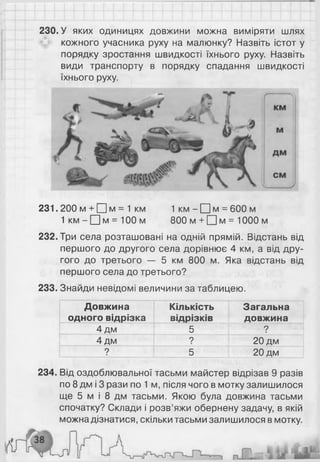 230. У яких одиницях довжини можна виміряти шлях
кожного учасника руху на малюнку? Назвіть істот у
порядку зростання швидкості їхнього руху. Назвіть
види транспорту в порядку спадання швидкості
їхнього руху.
231.200 м + Ц]м = 1км 1 км - □ м = 600 м
1 км - □ м = 100 м 800 м + О м = 1000 м
232. Три села розташовані на одній прямій. Відстань від
першого до другого села дорівнює 4 км, а від дру­
гого до третього — 5 км 800 м. Яка відстань від
першого села до третього?
233. Знайди невідомі величини за таблицею.
Довжина
одного відрізка
Кількість
відрізків
Загальна
довжина
_
_ 4дм 5 9
4 дм 9 20 дм
? 5 20 дм
234. Від оздоблювальної тасьми майстер відрізав 9 разів
по 8 дм і 3 рази по 1 м, після чого в мотку залишилося
ще 5 м і 8 дм тасьми. Якою була довжина тасьми
спочатку? Склади і розв’яжи обернену задачу, в якій
можна дізнатися, скільки тасьми залишилося в мотку.
 