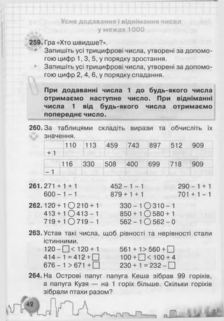 Усне додавання і віднімання чисел
у межах 1000
259. Гра «Хто швидше?».
• Запишіть усі трицифрові числа, утворені за допомо­
гою цифр 1, 3, 5, у порядку зростання.
Запишіть усі трицифрові числа, утворені за допомо­
гою цифр 2, 4, 6, у порядку спадання.
При додаванні числа 1 до будь-якого числа
отримаємо наступне число. При відніманні
числа 1 від будь-якого числа отримаємо
попереднє число.
260. За таблицями складіть вирази та обчисліть їх
значення.
110 113 459 743 897 512 909
+1
116 [330 508І1 400 699 718 909
-1
261.271 + 1 + 1
600- 1 - 1
262.120+ 1О 210 + 1
413 + 10 4 1 3 - 1
719+ 10 7 1 9 - 1
45 2- 1 - 1
879+ 1 + 1
3 3 0 - 10 3 1 0 - 1
850+1 0 5 8 0 + 1
562 - 1 О 562 - 0
2 9 0 - 1 + 1
701 + 1 -1
263. Устав такі числа, щоб рівності та нерівності стали
істинними.
1 2 0 - □ < 120 + 1 561 + 1>560 + П
414 - 1 =412+ □ 100+ □ < 100 + 4
6 7 6 - 1 >671 + □ 230+ 1 = 232 - □
264. На Острові папуг папуга Кеша зібрав 99 горіхів,
а папуга Кузя — на 1 горіх більше. Скільки горіхів
зібрали птахи разом?
і п.а
 