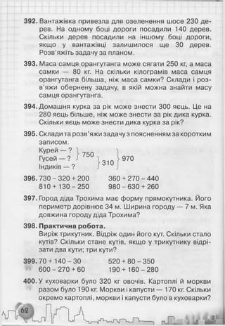 392. Вантажівка привезла для озеленення шосе 230 де­
рев. На одному боці дороги посадили 140 дерев.
Скільки дерев посадили на іншому боці дороги,
якщо у вантажівці залишилося ще ЗО дерев.
Розв’яжіть задачу за планом.
393. Маса самця орангутанга може сягати 250 кг, а маса
самки — 80 кг. На скільки кілограмів маса самця
орангутанга більша, ніж маса самки? Склади і роз­
в’яжи обернену задачу, в якій можна знайти масу
самця орангутанга.
394. Домашня курка за рік може знести 300 яєць. Це на
280 яєць більше, ніж може знести за рік дика курка.
Скільки яєць може знести дика курка за рік?
395. Склади та розв’яжи задачу з поясненням за коротким
записом.
Курей — ?
Гусей — ?
Індиків — ?
396. 730 - 320 + 200 360 + 270 - 440
810 + 130-250 9 8 0-6 30 + 260
397. Город діда Трохима має форму прямокутника. Його
периметр дорівнює 34 м. Ширина городу — 7 м. Яка
довжина городу діда Трохима?
398. Практична робота.
Виріж трикутник. Відріж один його кут. Скільки стало
кутів? Скільки стане кутів, якщо у трикутнику відрі­
зати два кути; три кути?
399.70 + 140 - ЗО 520 + 80 - 350
№ 600 -2 7 0 + 60 190 + 160 - 280
400. У куховарки було 320 кг овочів. Картоплі й моркви
разом було 190 кг. Моркви і капусти — 170 кг. Скільки
окремо картоплі, моркви і капусти було в куховарки?
750
310
970
 