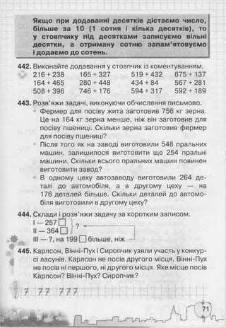 Якщо при додаванні десятків дістаємо число,
більше за 10 (1 сотня і кілька десятків), то
у стовпчику під десятками записуємо вільні
десятки, а отриману сотню запам’ятовуємо
і додаємо до сотень.
442. Виконайте додавання у стовпчик із коментуванням.
216 + 238 165 + 327 519 + 432 675+ 137
508 + 396 746 + 176 594 + 317 592 + 189
443. Розв’яжи задачі, виконуючи обчислення письмово.
Фермер для посіву жита заготовив 756 кг зерна.
Це на 164 кг зерна менше, ніж він заготовив для
посіву пшениці. Скільки зерна заготовив фермер
для посіву пшениці?
Після того як на заводі виготовили 548 пральних
машин, залишилося виготовити ще 254 пральні
машини. Скільки всього пральних машин повинен
виготовити завод?
В одному цеху автозаводу виготовили 264 де­
талі до автомобіля, а в другому цеху — на
176 деталей більше. Скільки деталей до автомо­
біля виготовили в другому цеху?
444. Склади і розв’яжи задачу за коротким записом.
445. Карлсон, Вінні-і іух і ииропчик узяли участь у конкур­
сі ласунів. Карлсон не посів другого місця. Вінні-Пух
не посів ні першого, ні другого місця. Яке місце посів
Карлсон? Вінні-Пух? Сиропчик?
164 + 465 280 + 448 434 + 84 567 + 281
 