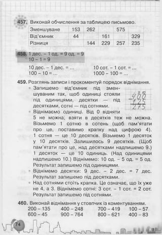 457. Виконай обчислення за таблицею письмово.
Зменшуване 153 262 575
Від’ємник 44 161 329
Різниця 144 229 257 235
458.1 дес. - 1 од. = 9 од. = 9
1 0 - 1 =9
1 0 дес. - 1 дес. = ... 1 0 сот. - 1 сот. = ...
1 0 0 - 1 0 = ... 1 0 0 0 - 1 0 0 = ...
459. Розглянь записи і прокоментуй порядок віднімання.
Запишемо від’ємник під змен­
шуваним так, щоб одиниці стояли
під одиницями, десятки — під
десятками, сотні — під сотнями.
Віднімаємо одиниці. Від 0 відняти
5 не можна; взяти в десятків теж не можна.
Візьмемо 1 сотню в сотень (щоб пам’ятати
про це, поставимо крапку над цифрою 4).
1 сотня — це 10 десятків. Візьмемо 1 десяток
у 10 десятків. Залишилось 9 десятків. (Щоб
пам’ятати про це, над десятками надпишемо 9.)
1 десяток — це 10 одиниць. (Над одиницями
надпишемо 10.) Віднімемо: 10 од. - 5 од. = 5 од.
Результат запишемо під одиницями.
Віднімемо десятки: 9 дес. - 2 дес. = 7 дес.
Результат запишемо під десятками.
Над сотнями стоїть крапка. Це означає, що їх уже
не 4, а 3. Віднімемо сотні: 3 сот. - 1 сот. = 2 сот.
Результат запишемо під сотнями.
460. Виконай віднімання у стовпчик із коментуванням.
2 0 0 - 135 4 0 0-2 48 7 00-4 19 1 0 0 -5 7
6 0 0 -4 5 9 0 0-7 64 800-621 4 0 0 -8 3
 
