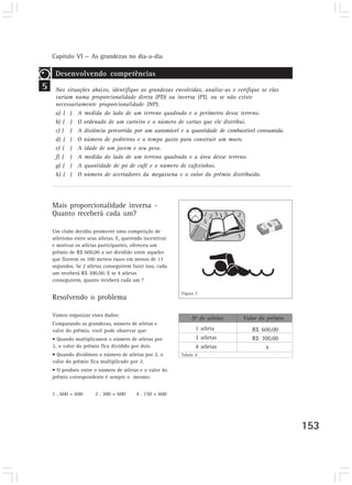 Capítulo VI — As grandezas no dia-a-dia

     Desenvolvendo competências
5    Nas situações abaixo, identifique as grandezas envolvidas, analise-as e verifique se elas
     variam numa proporcionalidade direta (PD) ou inversa (PI), ou se não existe
     necessariamente proporcionalidade (NP).
     a) ( ) A medida do lado de um terreno quadrado e o perímetro desse terreno.
     b) ( ) O ordenado de um carteiro e o número de cartas que ele distribui.
     c) ( ) A distância percorrida por um automóvel e a quantidade de combustível consumida.
     d) ( ) O número de pedreiros e o tempo gasto para construir um muro.
     e) ( ) A idade de um jovem e seu peso.
     f) ( ) A medida do lado de um terreno quadrado e a área desse terreno.
     g) ( ) A quantidade de pó de café e o número de cafezinhos.
     h) ( ) O número de acertadores da megassena e o valor do prêmio distribuído.




    Mais proporcionalidade inversa -
    Quanto receberá cada um?

    Um clube decidiu promover uma competição de
    atletismo entre seus atletas. E, querendo incentivar
    e motivar os atletas participantes, ofereceu um
    prêmio de R$ 600,00 a ser dividido entre aqueles
    que fizerem os 100 metros rasos em menos de 13
    segundos. Se 2 atletas conseguirem fazer isso, cada
    um receberá R$ 300,00. E se 4 atletas
    conseguirem, quanto receberá cada um ?

                                                           Figura 7
    Resolvendo o problema

    Vamos organizar esses dados:
                                                                Nº de atletas   Valor do prêmio
    Comparando as grandezas, número de atletas e
    valor do prêmio, você pode observar que:                      1 atleta         R$ 600,00
    • Quando multiplicamos o número de atletas por                2 atletas        R$ 300,00
    2, o valor do prêmio fica dividido por dois.                  4 atletas            x
    • Quando dividimos o número de atletas por 2, o        Tabela 4
    valor do prêmio fica multiplicado por 2.
    • O produto entre o número de atletas e o valor do
    prêmio correspondente é sempre o mesmo:


    1 . 600 = 600      2 . 300 = 600      4 . 150 = 600




                                                                                                  153
 