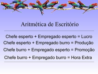 Aritmética de Escritório
Chefe esperto + Empregado esperto = Lucro
Chefe esperto + Empregado burro = Produção
Chefe burro + Empregado esperto = Promoção
Chefe burro + Empregado burro = Hora Extra
 