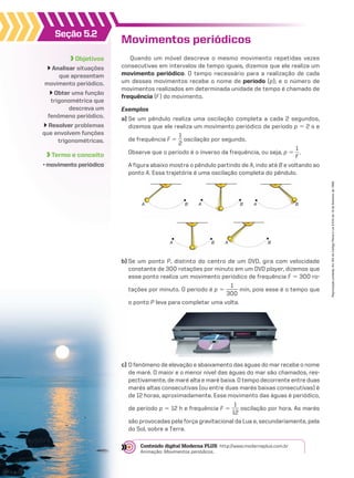 A B A B
c) O fenômeno de elevação e abaixamento das águas do mar recebe o nome
de maré. O maior e o menor nível das águas do mar são chamados, res-
pectivamente, de maré alta e maré baixa. O tempo decorrente entre duas
marés altas consecutivas (ou entre duas marés baixas consecutivas) é
de 12 horas, aproximadamente. Esse movimento das águas é periódico,
de período p 5 12 h e frequência F 5
1
___
12
oscilação por hora. As marés
são provocadas pela força gravitacional da Lua e, secundariamente, pela
do Sol, sobre a Terra.
B
A A B A B
Objetivos
Analisar situações
que apresentam
movimento periódico.
Obter uma função
trigonométrica que
descreva um
fenômeno periódico.
Resolver problemas
que envolvem funções
trigonométricas.
Termo e conceito
• movimento periódico
Seção 5.2
Movimentos periódicos
Quando um móvel descreve o mesmo movimento repetidas vezes
consecutivas em intervalos de tempo iguais, dizemos que ele realiza um
movimento periódico. O tempo necessário para a realização de cada
um desses movimentos recebe o nome de período (p); e o número de
movimentos realizados em determinada unidade de tempo é chamado de
frequência (F) do movimento.
Exemplos
a) Se um pêndulo realiza uma oscilação completa a cada 2 segundos,
dizemos que ele realiza um movimento periódico de período p 5 2 s e
de frequência F 5
1
__
2
oscilação por segundo.
Observe que o período é o inverso da frequência, ou seja, p 5
1
__
F
.
A figura abaixo mostra o pêndulo partindo de A, indo até B e voltando ao
ponto A. Essa trajetória é uma oscilação completa do pêndulo.
b) Se um ponto P, distinto do centro de um DVD, gira com velocidade
constante de 300 rotações por minuto em um DVD player, dizemos que
esse ponto realiza um movimento periódico de frequência F 5 300 ro-
tações por minuto. O período é p 5
1
_____
300
min, pois esse é o tempo que
o ponto P leva para completar uma volta.
Conteúdo digital Moderna PLUS http://www.modernaplus.com.br
Animação: Movimentos periódicos.
Reprodução
proibida.
Art.184
do
Código
Penal
e
Lei
9.610
de
19
de
fevereiro
de
1998.
CAP 05.indb 170 02.09.10 10:25:58
 