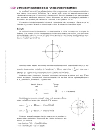 Exemplo
No plano cartesiano, considere uma circunferência de 10 cm de raio, centrada na origem do
sistema, e um ponto P girando sobre essa circunferência no sentido anti-horário, com velocidade
constante de 80 rotações por minuto (rpm). Vamos descrever o movimento desse ponto por meio
de uma função trigonométrica.
O movimento periódico e as funções trigonométricas
As funções trigonométricas são periódicas, isto é, repetem-se em intervalos consecutivos
e de mesmo comprimento. As funções f(x) 5 sen x e g(x) 5 cos x, por exemplo, repetem-se a
cada volta completa na circunferência trigonométrica. Por isso, essas funções são utilizadas
para descrever fenômenos periódicos como o movimento das marés, a propagação de ondas, o
movimento dos planetas, os batimentos cardíacos, as estações do ano etc.
O chamado movimento periódico circular é fundamental para entender a relação entre as
funções trigonométricas e os movimentos periódicos. Acompanhe o exemplo a seguir.
P
A
10
P
M
A
�
O
y
x
10
Medida do arco
(rad)
2s
a
Tempo
(min)
1
___
80
t
] a 5 160st rad
Considere um momento em que P esteja no 1o
quadrante. Como
o raio mede 10 cm, temos, pelo triângulo OPM ao lado:
cos a 5
x
___
10
] x 5 10 cos a 5 10 cos (160st)
sen a 5
y
___
10
] y 5 10 sen a 5 10 sen (160st)
Podemos generalizar essas relações para os outros quadrantes
e descrever o movimento do ponto P, em função do tempo t, em
minuto, por meio de:
• sua abscissa: f(t) 5 10 cos (160st); ou
• sua ordenada: g(t) 5 10 sen (160st)
Por descrever o mesmo movimento em intervalos consecutivos e de mesma duração, o mo-
vimento desse ponto é periódico, de frequência F 5 80 rpm e período p 5
1
___
80
min, pois esse é
o tempo que o ponto leva para completar uma volta na circunferência.
Para descrever o movimento do ponto, precisamos determinar a medida a do arco +
AP em
função do tempo t, considerando como instante zero um instante em que P passe pelo ponto
A(10, 0). Para isso, montamos a regra de três:
171
Seção
5.2
•
Movimentos
periódicos
Reprodução
proibida.
Art.184
do
Código
Penal
e
Lei
9.610
de
19
de
fevereiro
de
1998.
CAP 05.indb 171 02.09.10 10:25:59
 