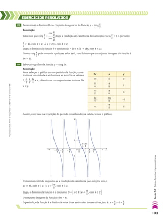 23 Determinar o domínio D e o conjunto imagem Im da função y 5 cotg
x
__
2
.
24 Esboçar o gráfico da função y 5 cotg 2x.
EXERCÍCIOS RESOlvIdOS
Resolução
Resolução
Para esboçar o gráfico de um período da função, cons-
truímos uma tabela e atribuímos ao arco 2x os valores
0,
s
__
4
,
s
__
2
,
3s
___
4
e s, obtendo os correspondentes valores de
x e y.
Sabemos que cotg
x
__
2
5
cos
x
__
2
______
sen
x
__
2
; logo, a condição de existência dessa função é sen
x
__
2
% 0 e, portanto:
x
__
2
% ks, com k 9 b ] x % 2ks, com k 9 b
Logo, o domínio da função é o conjunto D 5 {x 9 Vox % 2ks, com k 9 b}
Como cotg
x
__
2
pode assumir qualquer valor real, concluímos que o conjunto imagem da função é
Im 5 V.
2x x y
0 0 Y
s
__
4
s
__
8
1
s
__
2
s
__
4
0
3s
___
4
3s
___
8
21
s
s
__
2 Y
Assim, com base na repetição do período considerado na tabela, temos o gráfico:
y
x
0
1
π
8
π
2
π
4
�
π
2
�
π
4
�
3π
4
3π
8
3π
4
�π π
�1
O domínio é obtido impondo-se a condição de existência para cotg 2x, isto é:
2x % ks, com k 9 b ] x %
ks
___
2
, com k 9 b
O conjunto imagem da função é Im 5 V.
O período p da função é a distância entre duas assíntotas consecutivas, isto é: p 5
s
__
2
2 0 5
s
__
2
Logo, o domínio da função é o conjunto: D 5 x 9 Vox %
ks
___
2
, com k 9 b 
183
Seção
5.3
•
Outras
funções
trigonométricas
Reprodução
proibida.
Art.184
do
Código
Penal
e
Lei
9.610
de
19
de
fevereiro
de
1998.
CAP 05.indb 183 02.09.10 10:26:08
 