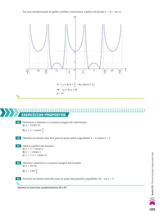 Por uma transformação do gráfico auxiliar, construímos o gráfico da função y 5 O2 1 sec xO:
y
1
3
x
0 π
2
3π
2
5π
2
�2π 2π
�π π
π
2
�
3π
2
�
5π
2
�
D 5 x 9 Vox %
s
__
2
1 ks, com k 9 b 
Im 5 {y 9 Voy > 0}
p 5 2s
22 Determine o domínio e o conjunto imagem de cada função.
a) y 5 cossec 2x
b) y 5 2 1 cossec
x
__
2
23 Obtenha os valores reais de k para os quais existe a igualdade: k 2 2 cossec x 5 5.
24 Esboce o gráfico das funções:
a) y 5 3 1 cossec x
b) y 5 2cossec x
c) y 5 O22 1 cossec xO
25 Obtenha o domínio e o conjunto imagem das funções:
a) y 5 sec 4x
b) y 5 2 sec
x
__
2
26 Encontre os valores reais de k para os quais seja possível a igualdade: 2k 1 sec x 5 5.
EXERCÍCIOS pROpOStOS
Resolva os exercícios complementares 22 a 27.
189
Seção
5.3
•
Outras
funções
trigonométricas
CAP 05.indb 189 02.09.10 10:26:11
 