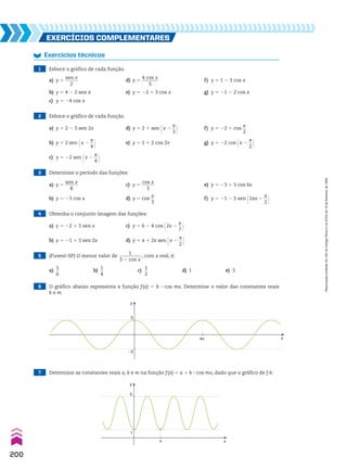 7 Determine as constantes reais a, b e m na função f(x) 5 a 1 b 3 cos mx, dado que o gráfico de f é:
6 O gráfico abaixo representa a função f(x) 5 b 3 cos mx. Determine o valor das constantes reais
b e m.
5 (Fuvest-SP) O menor valor de
1
__________
3 2 cos x
, com x real, é:
a)
1
__
6
b)
1
__
4
c)
1
__
2
d) 1 e) 3
4 Obtenha o conjunto imagem das funções:
a) y 5 22 1 3 sen x c) y 5 6 2 4 cos @2x 2
s
__
7 #
b) y 5 21 1 3 sen 2x d) y 5 s 1 2s sen @x 2
s
__
2 #
3 Determine o período das funções:
a) y 5
sen x
______
8
c) y 5
cos x
______
3
e) y 5 23 1 5 cos 6x
b) y 5 23 cos x d) y 5 cos
x
__
3
f) y 5 21 2 5 sen @2sx 2
s
__
2 #
2 Esboce o gráfico de cada função.
a) y 5 2 2 3 sen 2x d) y 5 2 1 sen @x 2
s
__
3 # f) y 5 22 1 cos
x
__
2
b) y 5 2 sen @x 2
s
__
4 # e) y 5 1 1 2 cos 2x g) y 5 22 cos @x 2
s
__
2 #
c) y 5 22 sen @x 2
s
__
4 #
EXERCÍCIOS COmplEmEntaRES
Exercícios técnicos
1 Esboce o gráfico de cada função.
a) y 5
sen x
______
2
d) y 5
4 cos x
_______
3
f) y 5 1 2 3 cos x
b) y 5 4 2 2 sen x e) y 5 22 1 3 cos x g) y 5 21 2 2 cos x
c) y 5 24 cos x
y
x
3
�3
4π
y
x
5
1
π
200
Reprodução
proibida.
Art.184
do
Código
Penal
e
Lei
9.610
de
19
de
fevereiro
de
1998.
CAP 05.indb 200 02.09.10 10:26:24
 