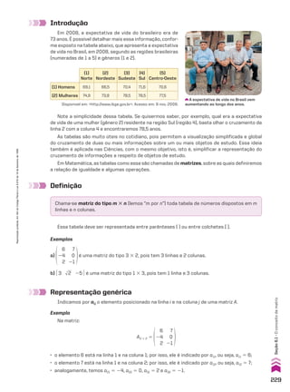 A expectativa de vida no Brasil vem
aumentando ao longo dos anos.
Note a simplicidade dessa tabela. Se quisermos saber, por exemplo, qual era a expectativa
de vida de uma mulher (gênero 2) residente na região Sul (região 4), basta olhar o cruzamento da
linha 2 com a coluna 4 e encontraremos 78,5 anos.
As tabelas são muito úteis no cotidiano, pois permitem a visualização simplificada e global
do cruzamento de duas ou mais informações sobre um ou mais objetos de estudo. Essa ideia
também é aplicada nas Ciências, com o mesmo objetivo, isto é, simplificar a representação do
cruzamento de informações a respeito de objetos de estudo.
Em Matemática, as tabelas como essa são chamadas de matrizes, sobre as quais definiremos
a relação de igualdade e algumas operações.
Definição
Representação genérica
Indicamos por aij o elemento posicionado na linha i e na coluna j de uma matriz A.
Chama-se matriz do tipo m # n (lemos “m por n”) toda tabela de números dispostos em m
linhas e n colunas.
Essa tabela deve ser representada entre parênteses ( ) ou entre colchetes [ ].
Exemplos
a)
6
24
2
7
0
21
é uma matriz do tipo 3 # 2, pois tem 3 linhas e 2 colunas.
b) E 3 dll
2 25 R é uma matriz do tipo 1 # 3, pois tem 1 linha e 3 colunas.
Exemplo
Na matriz:
A3 # 2 5
6
24
2
7
0
21
Introdução
Em 2008, a expectativa de vida do brasileiro era de
73 anos. É possível detalhar mais essa informação, confor-
me exposto na tabela abaixo, que apresenta a expectativa
de vida no Brasil, em 2008, segundo as regiões brasileiras
(numeradas de 1 a 5) e gêneros (1 e 2).
• o elemento 6 está na linha 1 e na coluna 1; por isso, ele é indicado por a11, ou seja, a11 5 6;
• o elemento 7 está na linha 1 e na coluna 2; por isso, ele é indicado por a12, ou seja, a12 5 7;
• analogamente, temos a21 5 24, a22 5 0, a31 5 2 e a32 5 21.
(1)
Norte
(2)
Nordeste
(3)
Sudeste
(4)
Sul
(5)
Centro-Oeste
(1) Homens 69,1 66,5 70,4 71,6 70,6
(2) Mulheres 74,9 73,8 78,5 78,5 77,5
Disponível em: http://www.ibge.gov.br. Acesso em: 9 nov. 2009.
229
Reprodução
proibida.
Art.184
do
Código
Penal
e
Lei
9.610
de
19
de
fevereiro
de
1998.
Seção
6.1
•
O
conceito
de
matriz
CAP 6.indb 229 02.09.10 10:48:12
 