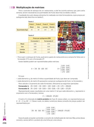Multiplicação de matrizes
Para o controle de estoque de um restaurante, a chef de cozinha estimou que, para certa
semana, seriam necessárias as quantidades de frutas descritas na tabela 1 abaixo.
A avaliação de custo desses alimentos foi realizada com dois fornecedores, cujos preços por
quilograma são descritos na tabela 2.
Fruta 1 Fruta 2 Fruta 3 Fruta 4
Maçã Uva Laranja Mamão
Quantidade (kg) 25 30 100 20
Preço por quilograma (R$)
Fornecedor 1 Fornecedor 2
Maçã 2,00 2,40
Uva 3,50 3,00
Laranja 0,80 0,85
Mamão 1,70 1,80
Tabela 2
Tabela 1
• Para suprir o estoque de frutas, qual será o gasto do restaurante se a compra for feita com o
fornecedor 1? E com o fornecedor 2?
Essas tabelas podem ser representadas pelas matrizes:
A 5 @ 25 30 100 20 # B 5
2,00
3,50
0,80
1,70
2,40
3,00
0,85
1,80
Em que:
• cada elemento aij da matriz A indica a quantidade da fruta j que deve ser comprada;
• cada elemento bij da matriz B representa o preço por quilograma da fruta i no fornecedor j.
Para calcular o orçamento de cada fornecedor, efetuamos as seguintes operações:
Fornecedor 1: 25 3 2,00 1 30 3 3,50 1 100 3 0,80 1 20 3 1,70 5 269,00
Fornecedor 2: 25 3 2,40 1 30 3 3,00 1 100 3 0,85 1 20 3 1,80 5 271,00
Representando esses resultados em uma matriz C, tal que cada elemento cij representa o
orçamento com o fornecedor j, temos:
C 5 @ 269,00 271,00 #
A matriz C é chamada de matriz produto de A por B, nessa ordem, e a representamos por
A 3 B 5 C ou AB 5 C. Desse modo, os dados numéricos dessa consulta de preços podem ser
representados por:
@ 25 30 100 20 # 3
2,00
3,50
0,80
1,70
2,40
3,00
0,85
1,80
5 @ 269,00 271,00 #
Essa situação vai ajudar a entender o conceito de multiplicação de matrizes. Mas, antes desse
conceito, vamos definir o produto de uma linha por uma coluna.
236
Capítulo
6
•
Matrizes
Reprodução
proibida.
Art.184
do
Código
Penal
e
Lei
9.610
de
19
de
fevereiro
de
1998.
V2_P1_CAP_06A.indd 236 04.09.10 13:13:33
 