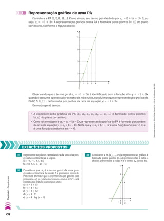 Representação gráfica de uma PA
Considere a PA (2, 5, 8, 11, ...). Como vimos, seu termo geral é dado por an 5 2 1 (n 2 1) 3 3, ou
seja, an 5 21 1 3n. A representação gráfica dessa PA é formada pelos pontos (n, an) do plano
cartesiano, conforme a figura abaixo:
1 2
2
5
8
11
3 4
an
n
Observando que o termo geral an 5 21 1 3n é identificado com a função afim y 5 21 1 3x
quando x assume apenas valores naturais não nulos, concluímos que a representação gráfica da
PA (2, 5, 8, 11, ...) é formada por pontos da reta de equação y 5 21 1 3x.
De modo geral, temos:
• A representação gráfica da PA (a1, a2, a3, a4, a5, ..., an, ...) é formada pelos pontos
(n, an) do plano cartesiano.
• Como o termo geral é an 5 a1 1 (n 2 1)r, a representação gráfica da PA é formada por pontos
da reta de equação y 5 a1 1 (x 2 1)r. Note que y 5 a1 1 (x 2 1)r é uma função afim se r % 0, e
é uma função constante se r 5 0.
37 Represente no plano cartesiano cada uma das pro-
gressões aritméticas a seguir.
a) (25, 21, 3, 7, 11)
b) (10, 7, 4, 1, 22, 25)
39 Considere a PA (an)n 9 vR cuja representação gráfica é
formada pelos pontos (n, an) pertencentes à reta s,
abaixo. Determine a razão r e o termo a40 dessa PA.
EXERCÍCIOS pROpOStOS
38 Considere que an é o termo geral de uma pro-
gressão aritmética de razão 5 e primeiro termo 8.
Podemos afirmar que a representação gráfica dos
pontos (n, an) no plano cartesiano, com n 9 vR, está
contida no gráfico da função afim:
a) y 5 3 1 5x
b) y 5 8 1 5x
c) y 5 3 1 5x2
d) y 5 8 3 5x
e) y 5 8 3 log (x 1 9)
4
6
y
s
x
�
1
2
1
2
24
Capítulo
1
•
Sequências
Reprodução
proibida.
Art.184
do
Código
Penal
e
Lei
9.610
de
19
de
fevereiro
de
1998.
CAP 01.indb 24 02.09.10 09:11:50
 