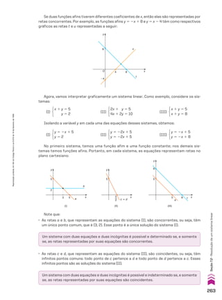 Se duas funções afins tiverem diferentes coeficientes de x, então elas são representadas por
retas concorrentes. Por exemplo, as funções afins y 5 2x 1 8 e y 5 x 2 4 têm como respectivos
gráficos as retas t e u representadas a seguir:
Agora, vamos interpretar graficamente um sistema linear. Como exemplo, considere os sis-
temas:
(I)
x 1 y 5 5
y 5 2
(I)
y 5 2x 1 5
y 5 2
(II)
2x 1 y 5 5
4x 1 2y 5 10
(II)
y 5 22x 1 5
y 5 22x 1 5
(III)
x 1 y 5 5
x 1 y 5 8
(III)
y 5 2x 1 5
y 5 2x 1 8
Isolando a variável y em cada uma das equações desses sistemas, obtemos:
No primeiro sistema, temos uma função afim e uma função constante; nos demais sis-
temas temos funções afins. Portanto, em cada sistema, as equações representam retas no
plano cartesiano:
y
x
a
b
3
(I)
2
5
5
y
x
c � d
(II)
5
5
2
y
x
e
f
(III)
5 8
5
8
Note que:
• As retas a e b, que representam as equações do sistema (I), são concorrentes, ou seja, têm
um único ponto comum, que é (3, 2). Esse ponto é a única solução do sistema (I).
Um sistema com duas equações e duas incógnitas é possível e determinado se, e somente
se, as retas representadas por suas equações são concorrentes.
Um sistema com duas equações e duas incógnitas é possível e indeterminado se, e somente
se, as retas representadas por suas equações são coincidentes.
• As retas c e d, que representam as equações do sistema (II), são coincidentes, ou seja, têm
infinitos pontos comuns: todo ponto de c pertence a d e todo ponto de d pertence a c. Esses
infinitos pontos são as soluções do sistema (II).
t
u
O
8
4
�4
8
y
x
263
Reprodução
proibida.
Art.184
do
Código
Penal
e
Lei
9.610
de
19
de
fevereiro
de
1998.
Seção
7.2
•
Resolução
de
um
sistema
linear
CAP 7.indb 263 02.09.10 11:00:26
 