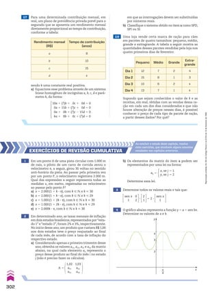 1 Em um ponto A de uma pista circular com 1.000 m
de raio, o piloto de um carro de corrida zerou o
velocímetro e, a seguir, girou 30 voltas no sentido
anti-horário da pista. Ao passar pela primeira vez
por um ponto P, o velocímetro registrava 2.000 m.
Qual das expressões a seguir representa todas as
medidas x, em metro, registradas no velocímetro
ao passar pelo ponto P?
a) x 5 2.000(1 1 k 3 s), com k 9 v e k  30
b) x 5 2.000(1 1 k 3 s), com k 9 v e k  29
c) x 5 1.000(1 1 2k 3 s), com k 9 v e k  30
d) x 5 1.000(1 1 2k 3 s), com k 9 v e k  29
e) x 5 2.000k 3 s, com k 9 v e k  30
2 Em determinado ano, as taxas mensais de inflação
em dois estados brasileiros,representados por“esta-
do 1” e “estado 2”, foram 2% e 3%, respectivamente.
No início desse ano, um produto que custava R$ 1,00
nos dois estados teve o preço reajustado ao final
de cada mês, de acordo com a taxa de inflação do
respectivo estado.
a) Considerando apenas o primeiro trimestre desse
ano, obtenha os valores a21, a22, a31 e a32 da matriz
abaixo, na qual cada elemento aij representa o
preço desse produto ao final do mês i no estado
j (não é preciso fazer os cálculos).
b) Os elementos da matriz do item a podem ser
representados por uma lei na forma:
EXERCÍCIOS dE REvISãO CumulatIva
Ao concluir o estudo deste capítulo, resolva
estes exercícios, que envolvem alguns assuntos
estudados nos capítulos anteriores.
117 Para uma determinada contribuição mensal, em
real, um plano de previdência privada prevê para o
segurado que se aposenta um rendimento mensal
diretamente proporcional ao tempo de contribuição,
conforme a tabela:
Rendimento mensal
(R$)
Tempo de contribuição
(anos)
a 8
b 10
c 15
d k
sendo k uma constante real positiva.
a) Equacione esse problema através de um sistema
linear homogêneo de incógnitas a, b, c, d e parâ-
metro k, da forma:
em que as interrogações devem ser substituídas
por números reais.
b) Classifique o sistema obtido no item a como SPD,
SPI ou SI.
10a 1 (?)b 1 0c 1 0d 5 0
0a 1 15b 1 (?)c 1 0d 5 0
0a 1 0b 1 (?)c 2 15d 5 0
ka 1 0b 1 0c 1 (?)d 5 0
118 Uma loja vende certa marca de ração para cães
em pacotes de quatro tamanhos: pequeno, médio,
grande e extragrande. A tabela a seguir mostra as
quantidades desses pacotes vendidas pela loja nos
quatro primeiros dias de fevereiro:
Pequeno Médio Grande
Extra-
grande
Dia 1 12 7 2 4
Dia 2 15 8 1 3
Dia 3 10 6 2 k
Dia 4 13 7 1 k
Supondo que sejam conhecidos o valor de k e as
receitas, em real, obtidas com as vendas dessa ra-
ção em cada um dos dias considerados e que não
houve alteração de preços nesses dias, é possível
conhecer o preço de cada tipo de pacote de ração,
a partir desses dados? Por quê?
aij 5
x, se j 5 1
y, se j 5 2
A 5
1,02
a21
a31
1,03
a22
a32
Determine essa lei.
3 Determine todos os valores reais x tais que:
sen x
1
0
2
3
2
1
5 2 3
sen x
1
4 O gráfico abaixo representa a função y 5 a 1 sen bx.
Determine os valores de a e b.
y
x
4
2
π
4
3
302
Reprodução
proibida.
Art.184
do
Código
Penal
e
Lei
9.610
de
19
de
fevereiro
de
1998.
CAP 7.indb 302 02.09.10 11:00:42
 