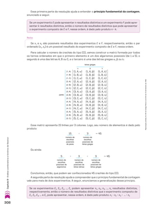 Para calcular o número de crachás do tipo (II), vamos construir a matriz formada por todos
os ternos ordenados em que o primeiro elemento é um dos algarismos possíveis (de 1 a 5), o
segundo é uma das letras A, B ou C, e o terceiro é uma das letras gregas a, d ou H:
Essa matriz apresenta 15 linhas por 3 colunas. Logo, seu número de elementos é dado pelo
produto:
Ou ainda:
Concluímos, então, que podem ser confeccionados 45 crachás do tipo (II).
A segunda parte da resolução ajuda a compreender que o princípio fundamental da contagem
vale para mais de dois experimentos. A seguir, enunciamos a generalização desse princípio.
Se os experimentos E1, E2, E3, ..., Ek podem apresentar n1, n2, n3, ..., nk resultados distintos,
respectivamente, então o número de resultados distintos que o experimento composto de
E1, E2, E3, ... e Ek pode apresentar, nessa ordem, é dado pelo produto: n1 3 n2 3 n3 3 ... 3 nk
(1, A, a)
(1, B, a)
(1, C, a)
(2, A, a)
(2, B, a)
(2, C, a)
(3, A, a)
(3, B, a)
(3, C, a)
(4, A, a)
(4, B, a)
(4, C, a)
(5, A, a)
(5, B, a)
(5, C, a)
(1, A, d)
(1, B, d)
(1, C, d)
(2, A, d)
(2, B, d)
(2, C, d)
(3, A, d)
(3, B, d)
(3, C, d)
(4, A, d)
(4, B, d)
(4, C, d)
(5, A, d)
(5, B, d)
(5, C, d)
(1, A, H)
(1, B, H)
(1, C, H)
(2, A, H)
(2, B, H)
(2, C, H)
(3, A, H)
(3, B, H)
(3, C, H)
(4, A, H)
(4, B, H)
(4, C, H)
(5, A, H)
(5, B, H)
(5, C, H)
a d
letras gregas
H
pares
(1, A)
(3, A)
(2, A)
(4, A)
(5, A)
(1, B)
(3, B)
(2, B)
(4, B)
(5, B)
(1, C)
(3, C)
(2, C)
(4, C)
(5, C)
Se um experimento E pode apresentar n resultados distintos e um experimento F pode apre-
sentar k resultados distintos, então o número de resultados distintos que pode apresentar
o experimento composto de E e F, nessa ordem, é dado pelo produto n 3 k.
Nota:
Se x1 e x2 são possíveis resultados dos experimentos E e F, respectivamente, então o par
ordenado (x1, x2) é um possível resultado do experimento composto de E e F, nessa ordem.
Essa primeira parte da resolução ajuda a entender o princípio fundamental da contagem,
enunciado a seguir.
número de
escolhas
possíveis
de pares
15
número de
escolhas
possíveis de
letras gregas
3
3 5 45
número de
escolhas
possíveis de
algarismos
5
número de
escolhas
possíveis de
letras latinas
3
número de
escolhas
possíveis de
letras gregas
3
3 3 5 45
308
Capítulo
8
•
Análise
combinatória
e
binômio
de
Newton
Reprodução
proibida.
Art.184
do
Código
Penal
e
Lei
9.610
de
19
de
fevereiro
de
1998.
CAP 8.indb 308 02.09.10 11:13:46
 