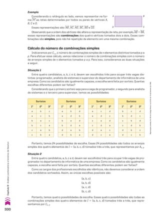 Exemplo
Considerando o retângulo ao lado, vamos representar na for-
ma XY as retas determinadas por todos os pares de vértices A,
B, C e D.
Essas representações são: AB, AC, AD, BC, BD e CD.
A B
C
D
Portanto, temos 24 possibilidades de escolha. Essas 24 possibilidades são todos os arranjos
simples dos quatro elementos de I 5 {a, b, c, d} tomados três a três, que representamos por A4, 3.
Observando que a ordem dos vértices não altera a representação da reta, por exemplo, AB 5 BA,
essas representações são combinações dos quatro vértices tomados dois a dois. Essas com-
binações são simples, pois não há repetição de elemento em uma mesma combinação.
Cálculo do número de combinações simples
Indicaremos por Cn, p o número de combinações simples de n elementos distintos tomados p a
p. Para efetuar esse cálculo, vamos relacionar o número de combinações simples com o número
de arranjos simples de n elementos tomados p a p. Para isso, consideramos as duas situações
a seguir.
Situação 1
Entre quatro candidatos, a, b, c e d, devem ser escolhidos três para ocupar três vagas dis-
tintas: programador, analista de sistemas e supervisor do departamento de informática de uma
empresa. Como os candidatos são igualmente capazes, a escolha será feita por sorteio. Quantas
escolhas diferentes podem ser feitas?
Considerando que o primeiro sorteio seja para a vaga de programador, o segundo para analista
de sistemas e o terceiro para supervisor, temos as possibilidades:
Sorteios
1o
2o
3o
a b c
a c b
b a c
b c a
c a b
c b a
Sorteios
1o
2o
3o
a b d
a d b
b a d
b d a
d a b
d b a
Sorteios
1o
2o
3o
a c d
a d c
c a d
c d a
d a c
d c a
Sorteios
1o
2o
3o
b c d
b d c
c b d
c d b
d b c
d c b
Situação 2
Entre quatro candidatos, a, b, c e d, devem ser escolhidos três para ocupar três vagas de pro-
gramador no departamento de informática de uma empresa. Como os candidatos são igualmente
capazes, a escolha será feita por sorteio. Quantas escolhas diferentes podem ser feitas?
Como os cargos dos profissionais escolhidos são idênticos, não devemos considerar a ordem
dos candidatos sorteados. Assim, as únicas escolhas possíveis são:
{a, b, c}
{a, b, d}
{a, c, d}
{b, c, d}
Portanto, temos quatro possibilidades de escolha. Essas quatro possibilidades são todas as
combinações simples dos quatro elementos de I 5 {a, b, c, d} tomados três a três, que repre-
sentamos por C4, 3.
330
Capítulo
8
•
Análise
combinatória
e
binômio
de
Newton
Reprodução
proibida.
Art.184
do
Código
Penal
e
Lei
9.610
de
19
de
fevereiro
de
1998.
CAP 8.indb 330 02.09.10 11:14:09
 