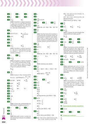 13 d 14 a 15 a
16
3
__
8
17 b 18 b
19 a)
1
___
35
b)
1
__
7
DICA: Considere o espaço amostral
E 5 {{x, y, z}ox, y e z são dias de 2a
-feira
a domingo} e os eventos A 5 {{2a
-feira,
5a
-feira,domingo}} e B 5 {{a,b,c} 9 Eoa,
b e c são dias consecutivos}.
20
1
__
4
21 a) 12.271.512 b)
1
___________
12.271.512
22 a) 35 b)
18
___
35
23
10
___
21
24 a
25 a)
1
___
11
b)
5
___
22
DICA: Considere o espaço amostral
E 5 {{x, y}ox e y são pessoas da sala}
e o evento A 5 {{a, b} 9 Eoa e b são
marido e mulher}.
26 b 27
1
___
10
28 a)
3
____
190
DICA: Considere o espaço amostral
E 5 {xox é fila formada pelos 20 alu-
nos} e o evento A 5 {y 9 Eoy é fila
que contém Gabriel, Mateus e Roger
juntos em qualquer ordem}.
b)
7
___
95
29
39
____
277
DICA: A soma Sn dos n termos da PA
(a1,a2,a3,...,an)édadaporSn 5
(a1 1 an)n
_________
2
.
30 a) 3.003 b) 450 c)
95
____
273
31 a) 66 b)
31
___
66
32 a) 0 b) 1
33 a)
1
___
20
b) 0 c) 1
34 12 e 22
35 d
36 0,88
37
5
___
23
38
1
__
6
DICA: A soma das probabilidades de
dois eventos complementares é 1.
39 b 40
1
___
10
41
7
__
8
42
1
__
5
43
26
___
29
DICA: Não pode ocorrer o sorteio de
dois alunos que votaram no candidato
derrotado.
44 e
45 c
46
109
____
200
ou 54,5%
47
17
___
20
48
5
___
11
49
11
___
24
50 91%
DICA: P(A 0 B) 5 P(A) 1 P(B) 2 P(A ) B)
51
13
___
20
52 5
DICA: Uma boa forma de visualizar o
cruzamento de um grande número de
informações é construir uma tabela.
Nesse caso, a tabela pode ter duas
linhas, homens e mulheres, por três
colunas, jornal A, jornal B e jornal C.
53
71
____
260
54 a) 20; 8 b)
3
__
5
55 32
56 0,1
DICA: P(A 0 B) 5 P(A) 1 P(B) 2 P(A ) B)
57 I. c II. a
58
1
__
4
59
2
__
9
DICA: Construa uma tabela.
60
7
___
24
61 a) a 5 160; b 5 240; c 5 720; d 5 760
b)
1
__
3
DICA: P(B/A) 5
n(A ) B)
_________
n(A)
62 d
63
1
__
3
64
1
__
2
65 a)
3
__
7
b)
3
__
7
66 78%
67 a) 72
b) 40
c) 40
d)
1
__
2
e) Dependentes, pois P(B/A) % P(B).
68 a) 16
b) P(S) 5
1
__
4
c) P(T) 5
1
__
4
d)
1
__
4
e) Sim, pois P(S/T) 5 P(S).
69 a)
1
__
5
b) 0
c) No item a, pois P(B/A) 5 P(B).
70 a) E 5 {(c, c, c), (c, c, k), (c, k, c), (c, k, k),
(k, c, c), (k, c, k), (k, k, c), (k, k, k)}
b) A 5 {(c, c, k), (c, k, c), (c, k, k), (k, c, c),
(k, c, k), (k, k, c)}
c) B 5 {(c, c, c), (c, c, k), (c, k c), (k, c, c)}
d) demonstração
DICA: Mostre que P(B/A) 5 P(B).
71
28
___
57
72 a)
2
__
7
b)
3
___
14
c)
1
___
14
73 a)
5
____
308
DICA: O número de permutações das
letras VVVVAA é dado por P6
(4,2)
b)
1
____
132
74 a 75 c 76 c
77 7,2% 78
17
___
30
79 e
80
3
___
11
DICA: A primeira aresta escolhida
pode ser qualquer uma, logo a pro-
babilidade da primeira escolha é 1. A
segunda aresta escolhida, dentre as
restantes,deve ser paralela à primeira.
81 a)
11
___
20
b)
9
___
20
c)
561
______
4.940
82 a) 51,2% b) 38,4%
83 d 84 c 85 12,8%
86 e
DICA: Indicando por A, B, C e D os
destinatários cujas cartas adequadas
seriam a, b, c e d, respectivamente,
faça uma tabela com todas as possi-
bilidades.
87 e
88 a)
5
___
18
b)
4
__
9
c)
6.305
______
6.561
DICA: Os eventos V e N determina-
dos, respectivamente, por “haver
vencedor até a 4a
rodada” e “não
haver vencedor até a 4a
rodada” são
complementares.
89
83
______
3.422
90 a)
7
___
45
b)
43
____
180
91
4
__
5
92 a)
15
___
56
b)
1
__
3
93
9.997
_______
10.000
Exercícios de revisão cumulativa
1 12 cm
2 d 3 d 4 c
Análise da resolução
9
___
19
392
Respostas
Reprodução
proibida.
Art.184
do
Código
Penal
e
Lei
9.610
de
19
de
fevereiro
de
1998.
V2_P2_RESPOSTAS.indd 392 02.09.10 11:27:46
 