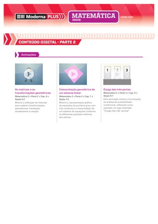 Moderna plus MaNOEL PAIVA
matemática
paiva
As matrizes e as
transformações geométricas
Matemática 2  Parte 2  Cap. 6 
Seção 6.2
Mostra a utilização de matrizes
para realizar transformações
geométricas: translação,
escalamento e rotação.
Interpretação geométrica de
um sistema linear
Matemática 2  Parte 2  Cap. 7 
Seção 7.2
Mostra a representação gráfica
de equações do primeiro grau com
três variáveis e a interpretação de
um sistema de equações conforme
as diferentes posições relativas
dos planos.
O jogo das três portas
Matemática 2  Parte 2  Cap. 9 
Seção 9.1
Esta animação mostra uma situação
de análise de probabilidade
condicional, utilizando como
exemplo um jogo chamado
“O jogo das três portas”.
Animações
Conteúdo DIGITAL - parte 2
 