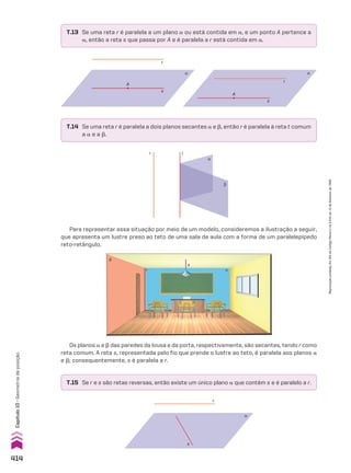 Para representar essa situação por meio de um modelo, consideremos a ilustração a seguir,
que apresenta um lustre preso ao teto de uma sala de aula com a forma de um paralelepípedo
reto-retângulo.
Os planos a e d das paredes da lousa e da porta, respectivamente, são secantes, tendo r como
reta comum. A reta s, representada pelo fio que prende o lustre ao teto, é paralela aos planos a
e d; consequentemente, s é paralela a r.
T.15 Se r e s são retas reversas, então existe um único plano a que contém s e é paralelo a r.
T.14 Se uma reta r é paralela a dois planos secantes a e d, então r é paralela à reta t comum
a a e a d.
T.13 Se uma reta r é paralela a um plano a ou está contida em a, e um ponto A pertence a
a, então a reta s que passa por A e é paralela a r está contida em a.
r t
α
β
s
r
A
α
s
r
A
α
s
r
α
r
s
d
a
414
Capítulo
10
•
Geometria
de
posição
Reprodução
proibida.
Art.184
do
Código
Penal
e
Lei
9.610
de
19
de
fevereiro
de
1998.
CAP 10.indb 414 09/09/10 10:21:35
 