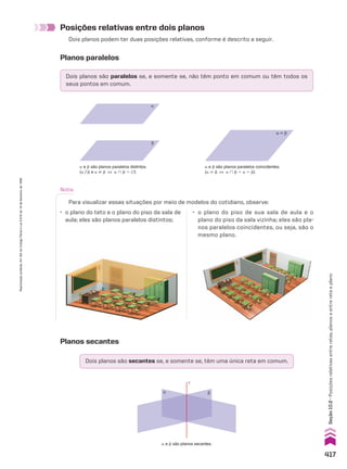 a e d são planos paralelos distintos.
(a/d e a ^ d [ a ) d 5 ~)
α
β
α � β
a e d são planos paralelos coincidentes.
(a 6 d [ a ) d 5 a 5 d)
Posições relativas entre dois planos
Dois planos podem ter duas posições relativas, conforme é descrito a seguir.
Planos paralelos
Dois planos são paralelos se, e somente se, não têm ponto em comum ou têm todos os
seus pontos em comum.
Nota:
Para visualizar essas situações por meio de modelos do cotidiano, observe:
Dois planos são secantes se, e somente se, têm uma única reta em comum.
α β
r
a e d são planos secantes.
• o plano do teto e o plano do piso da sala de
aula; eles são planos paralelos distintos;
• o plano do piso de sua sala de aula e o
plano do piso da sala vizinha; eles são pla-
nos paralelos coincidentes, ou seja, são o
mesmo plano.
Planos secantes
417
Seção
10.2
•
Posições
relativas
entre
retas,
planos
e
entre
reta
e
plano
Reprodução
proibida.
Art.184
do
Código
Penal
e
Lei
9.610
de
19
de
fevereiro
de
1998.
CAP 10.indb 417 09/09/10 10:21:40
 