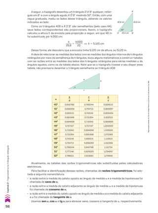 A seguir, o topógrafo desenhou um triângulo OeAeBe qualquer, retân­
gulo em Be e com o ângulo agudo AeOeBe medindo 52w. Então, com uma
régua graduada, mediu os lados desse triângulo, obtendo os valores
indicados ao lado.
Como os triângulos AOB e AeOeBe são semelhantes (pelo caso AA),
seus lados correspondentes são proporcionais. Assim, o topógrafo
calculou a altura h da encosta pela proporção a seguir, em que 40 m
foi substituído por 4.000 cm:
A�
O� B�
32,8 cm
20,0 cm
25,6 cm
52°
Dessa forma, ele descobriu que a encosta tinha 5.120 cm de altura, ou 51,20 m.
A ideia de relacionar as medidas dos lados com as medidas dos ângulos internos de triângulos
retângulos por meio da semelhança de triângulos, levou alguns matemáticos a construir tabelas
com as razões entre as medidas dos lados dos triângulos retângulos para várias medidas a de
ângulos agudos, como os da tabela abaixo. Note que se o topógrafo tivesse a seu dispor essa
tabela, não precisaria desenhar o triângulo semelhante ao triângulo AOB.
h
_____
25,6
5
4.000
______
20
] h 5 5.120 cm
α
a
c
b
a
b
__
a
c
__
a
b
__
c
40w 0,642788 0,766044 0,839010
41w 0,656059 0,754710 0,869287
42w 0,669131 0,743145 0,900404
43w 0,681998 0,731354 0,932515
44w 0,694658 0,719340 0,965689
45w 0,707107 0,707107 1,000000
46w 0,719340 0,694658 1,035530
47w 0,731354 0,681998 1,072369
48w 0,743145 0,669131 1,110613
49w 0,754710 0,656059 1,150368
50w 0,766044 0,642788 1,191754
51w 0,777146 0,629320 1,234897
52w 0,788011 0,615661 1,279942
Atualmente, as tabelas das razões trigonométricas são substituídas pelas calculadoras
eletrônicas.
Para facilitar a identificação dessas razões, chamadas de razões trigonométricas, foi ado­
tada a seguinte nomenclatura:
• a razão entre a medida do cateto oposto ao ângulo de medida a e a medida da hipotenusa foi
chamada de seno de a;
• a razão entre a medida do cateto adjacente ao ângulo de medida a e a medida da hipotenusa
foi chamada de cosseno de a;
• a razão entre a medida do cateto oposto ao ângulo de medida a e a medida do cateto adjacente
a a foi chamada de tangente de a.
Usamos sen a, cos a e tg a para abreviar seno, cosseno e tangente de a, respectivamente.
58
Capítulo
2
•
Trigonometria
no
triângulo
retângulo
Reprodução
proibida.
Art.184
do
Código
Penal
e
Lei
9.610
de
19
de
fevereiro
de
1998.
CAP 02.indb 58 02.09.10 09:21:35
 